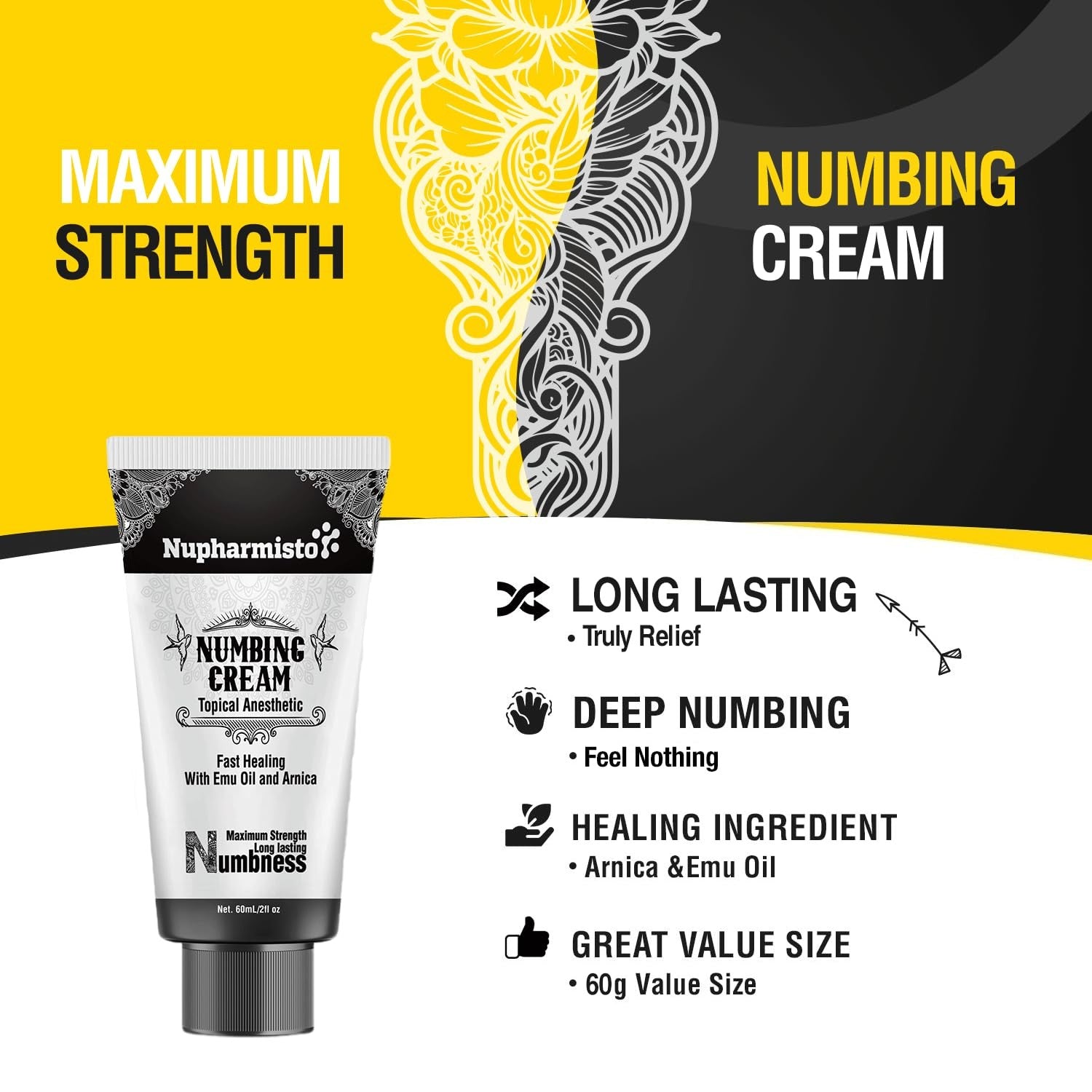 Nupharmco Numbing Cream with menthol, arnica, and emu oil for maximum strength, long-lasting pain relief, and extra comfort.