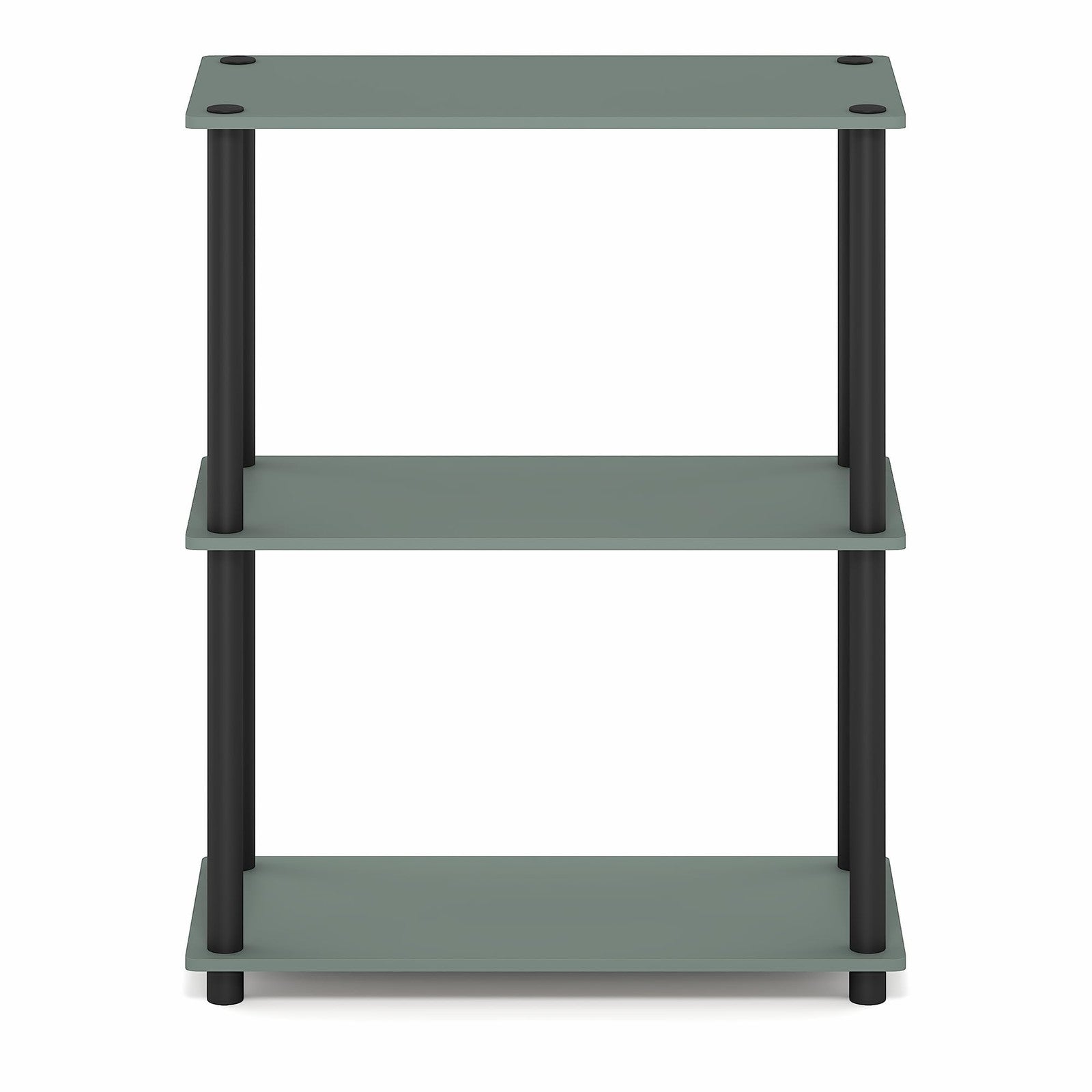 Furinno Turn-N-Tube 3-tier corner storage shelf with open design and black finish, made of durable plastic and wood composite.