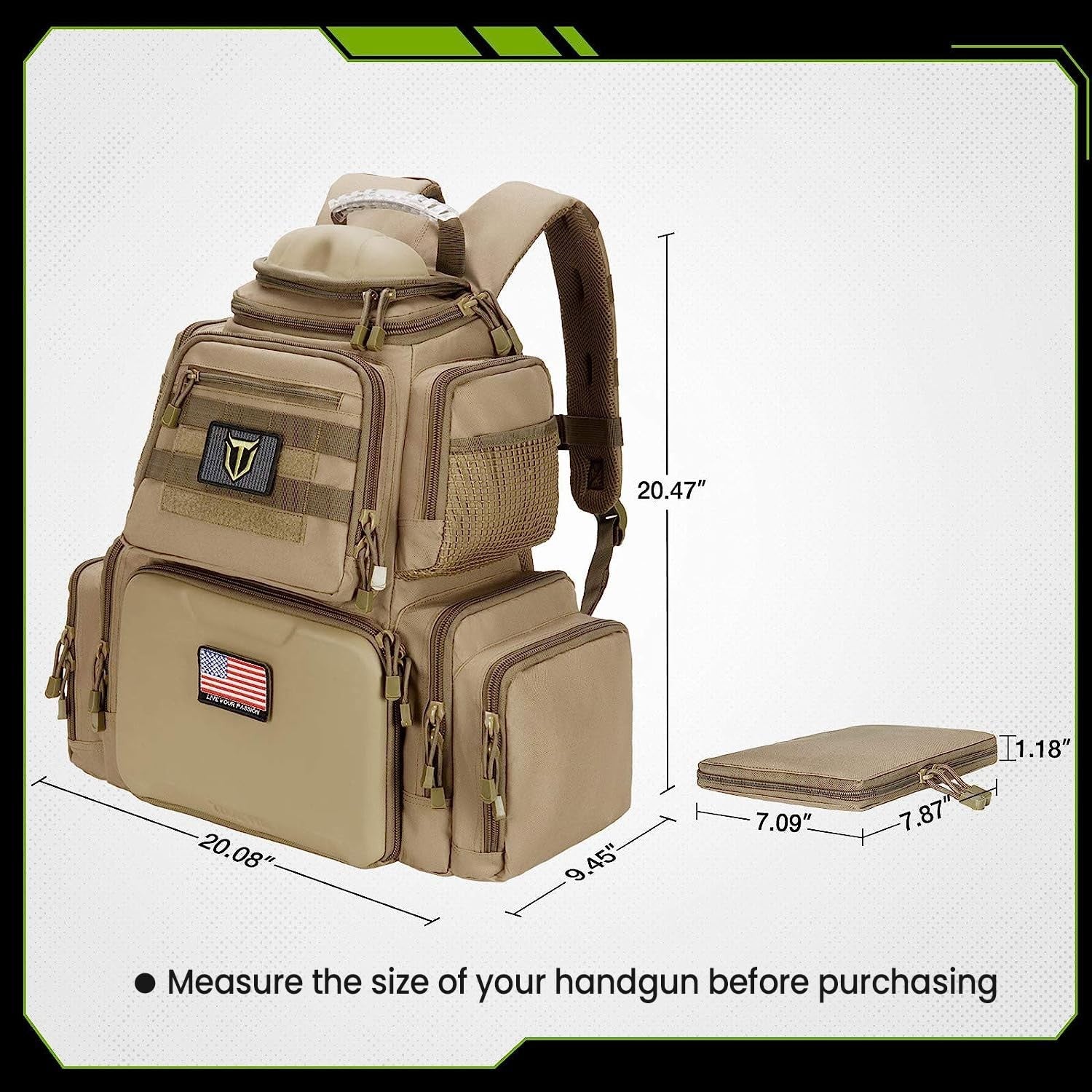 Tidewe tactical range backpack in khaki with gun and ammo compartments, pistol case, and multiple storage pockets.
