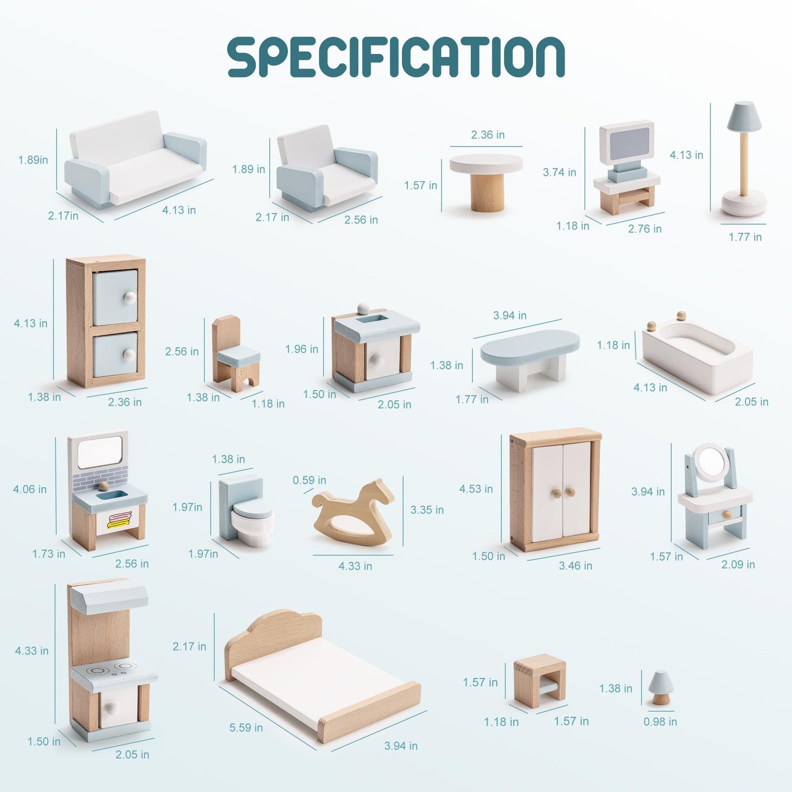 ROBOTIME 23-piece dollhouse furniture set with wooden miniature furniture for 1:12 scale dollhouses, detailed and realistic.