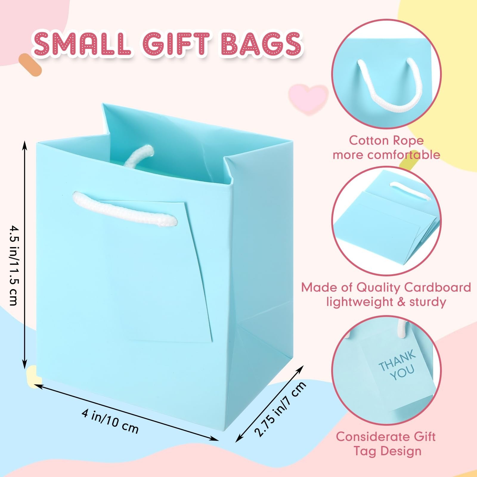 Sherr 100 pcs mini gift bags in paper with tags, measuring 4 x 2.75 x 4.5 inches, stacked with decorative tags attached.