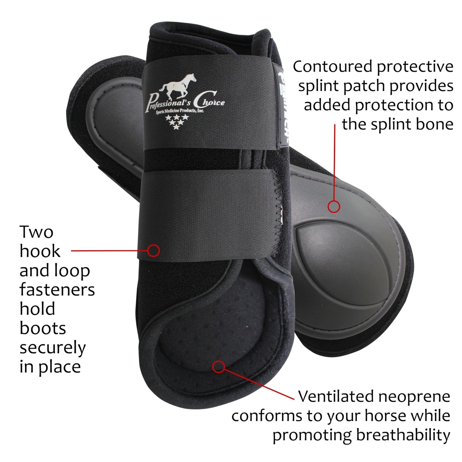 Professional's Choice Ventech equine splint boot with hook and loop closure, showcasing durable black protective horse leg gear.