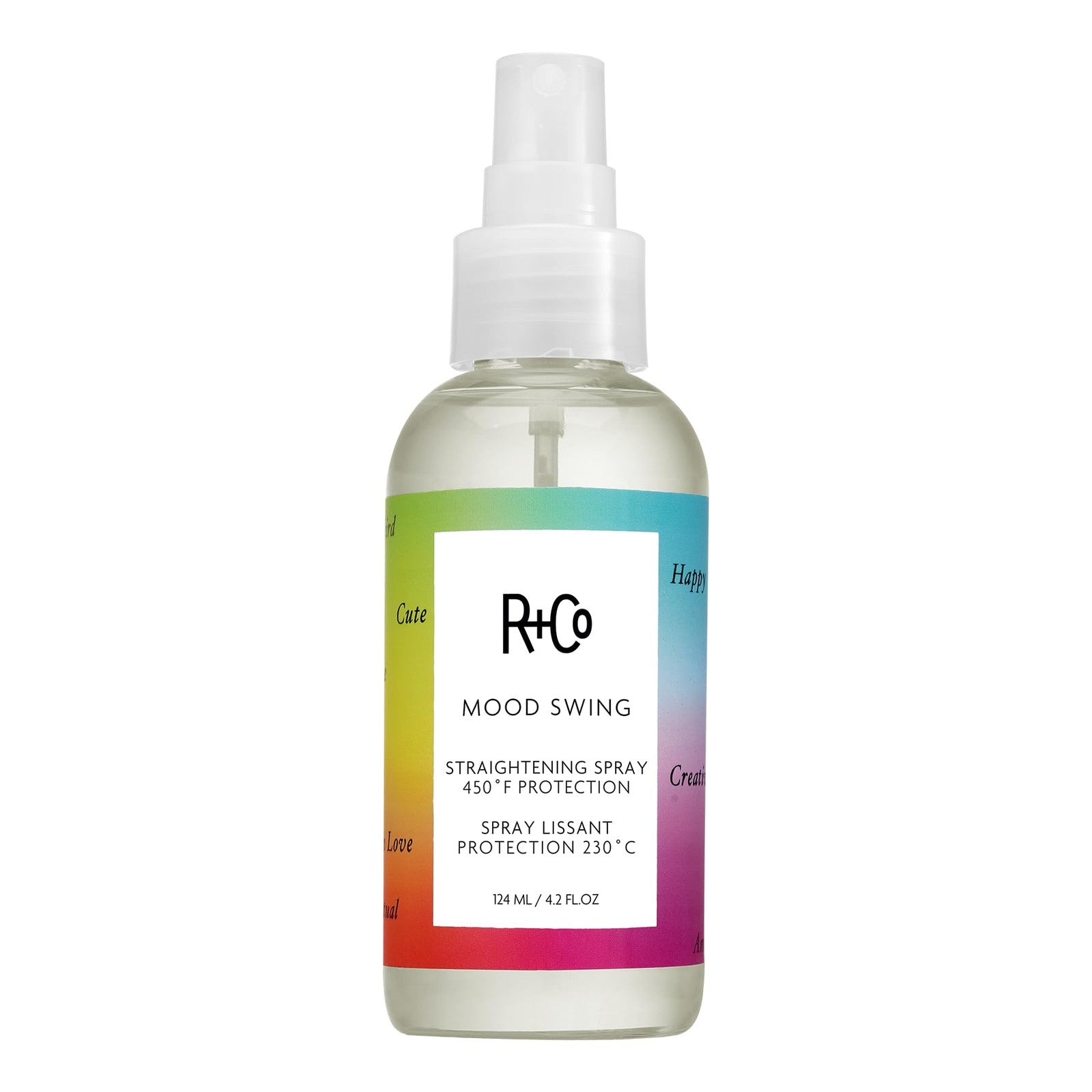 R+Co Mood Swing Straightening Spray bottle, 124ml, with sleek packaging and spray nozzle, designed for smooth, straight hair.