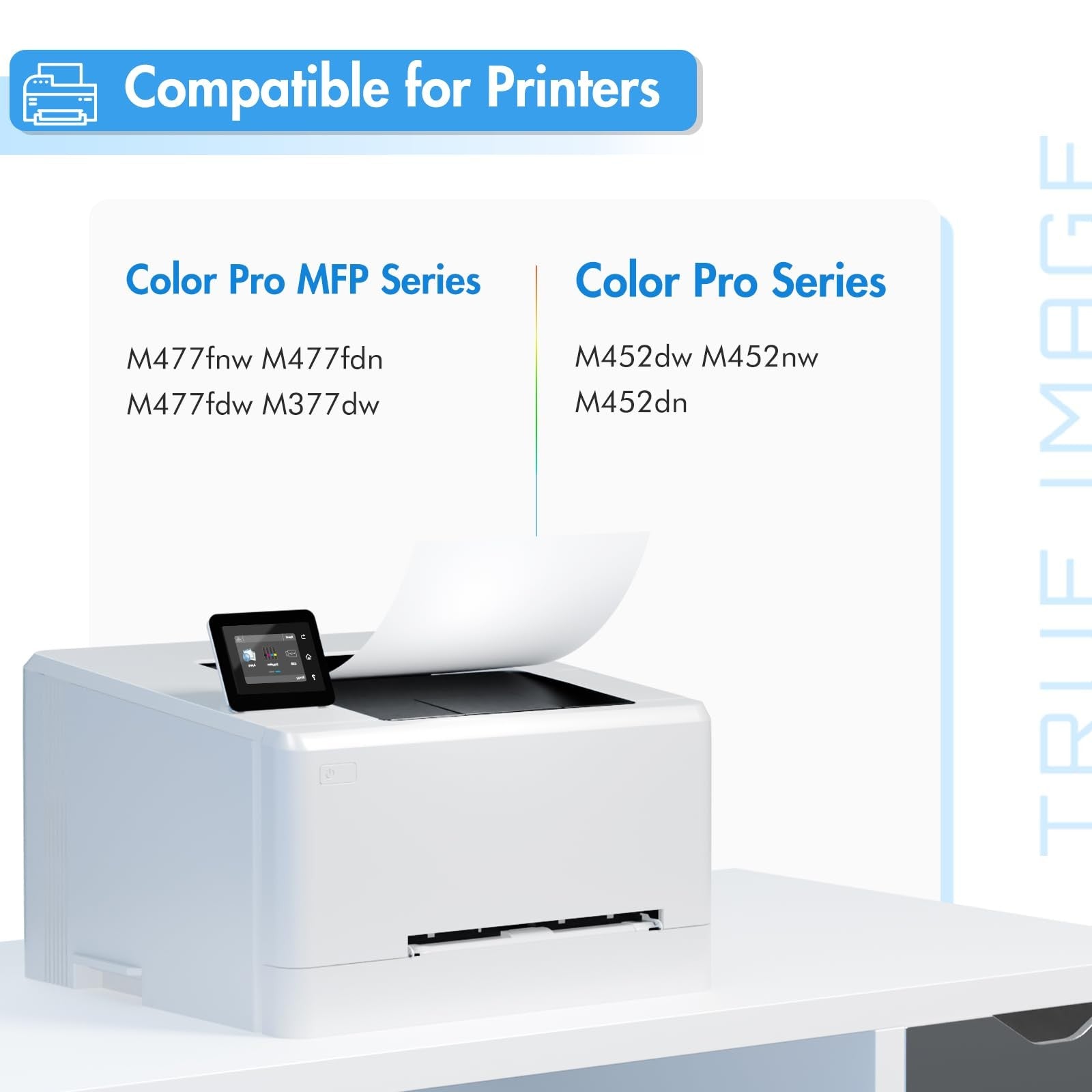 True Image compatible toner cartridge for HP 410A, CF410A, CF410X, shown in black with packaging details.