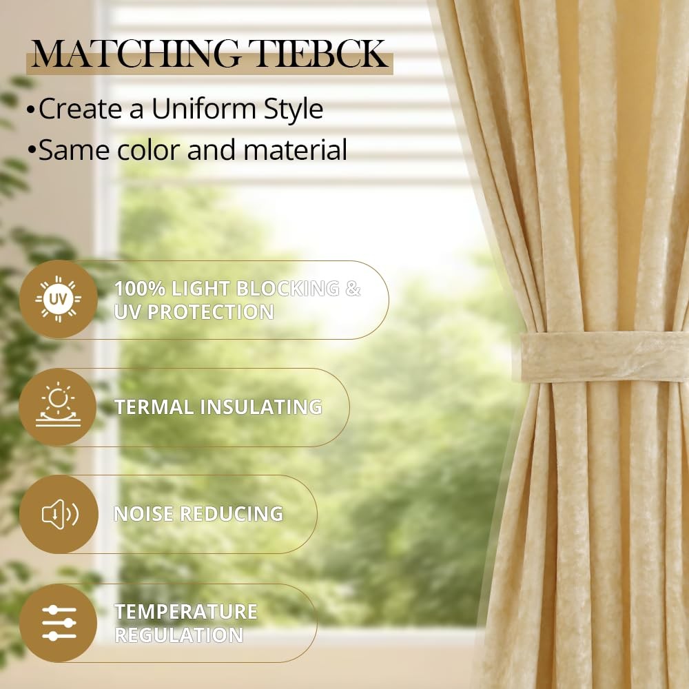 Liians black velvet blackout curtains for bedroom or nursery, beige, 52x84 inches, suitable for patio doors.