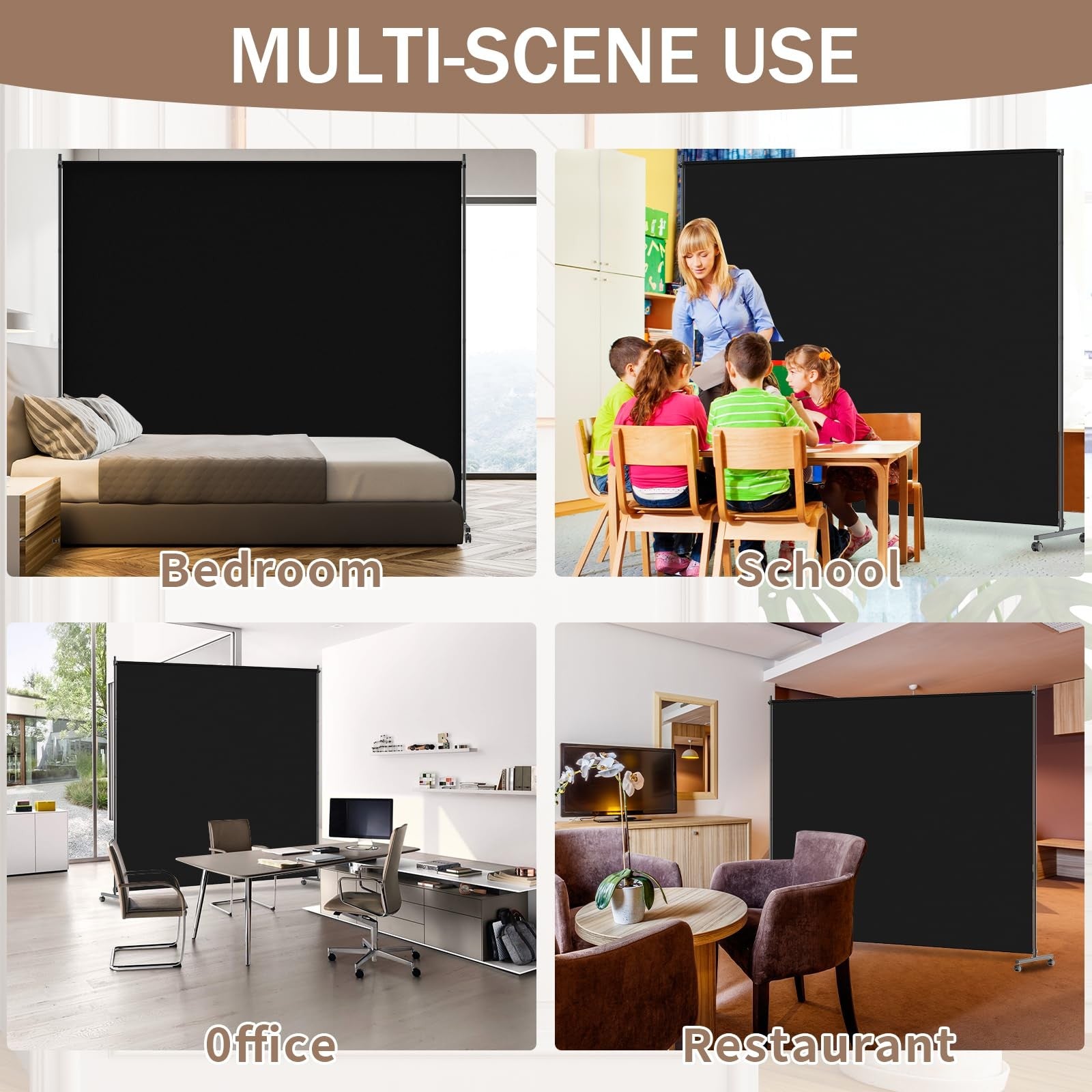 VAMFUTRE black 6ft 6-inch single panel room divider privacy screen with caster wheels for flexible space separation.