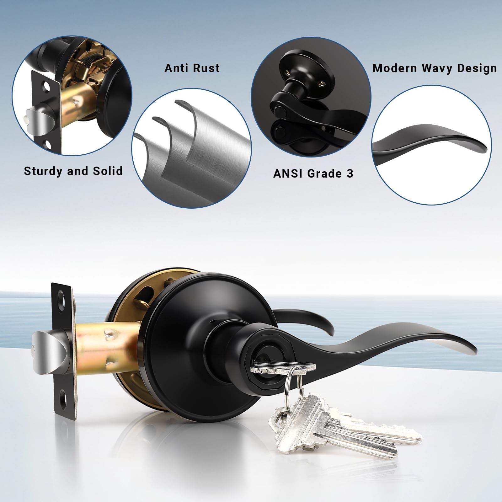 Knobonly 3-pack keyed alike bathroom and bedroom door locks in matte black with front exterior and interior handles.