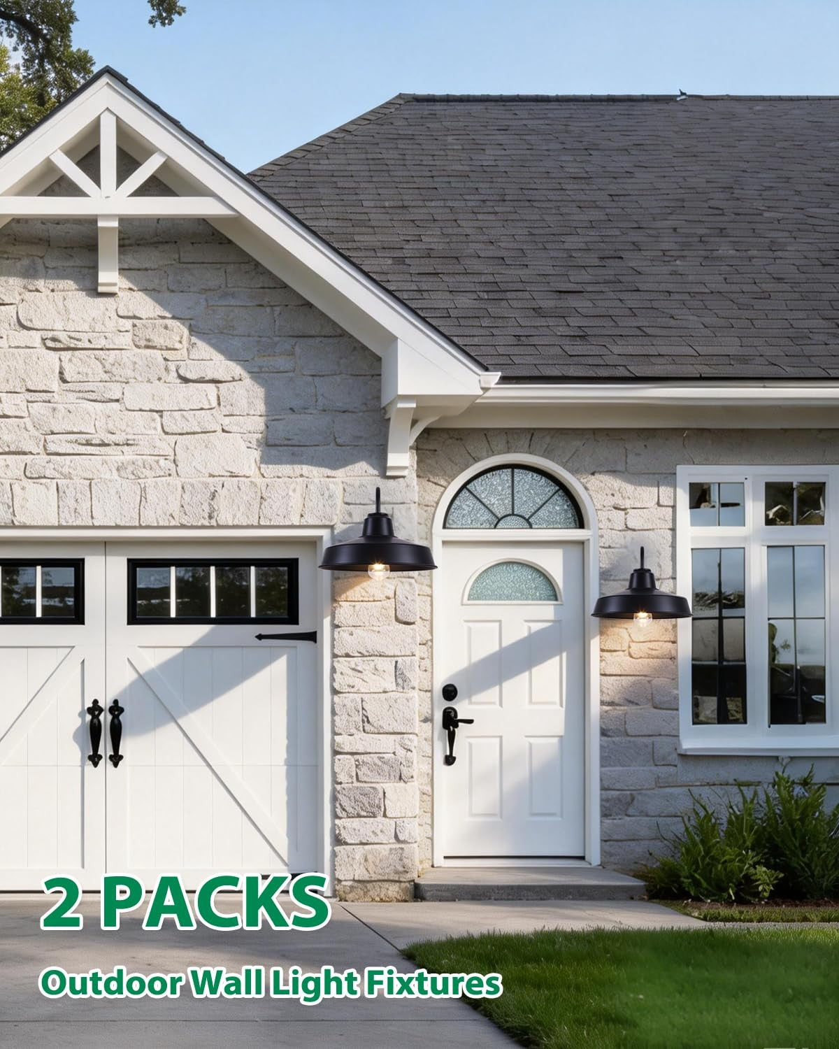 Pair of black farmhouse outdoor wall lights with gooseneck barn style design, mounted on a wall, ideal for exterior lighting.