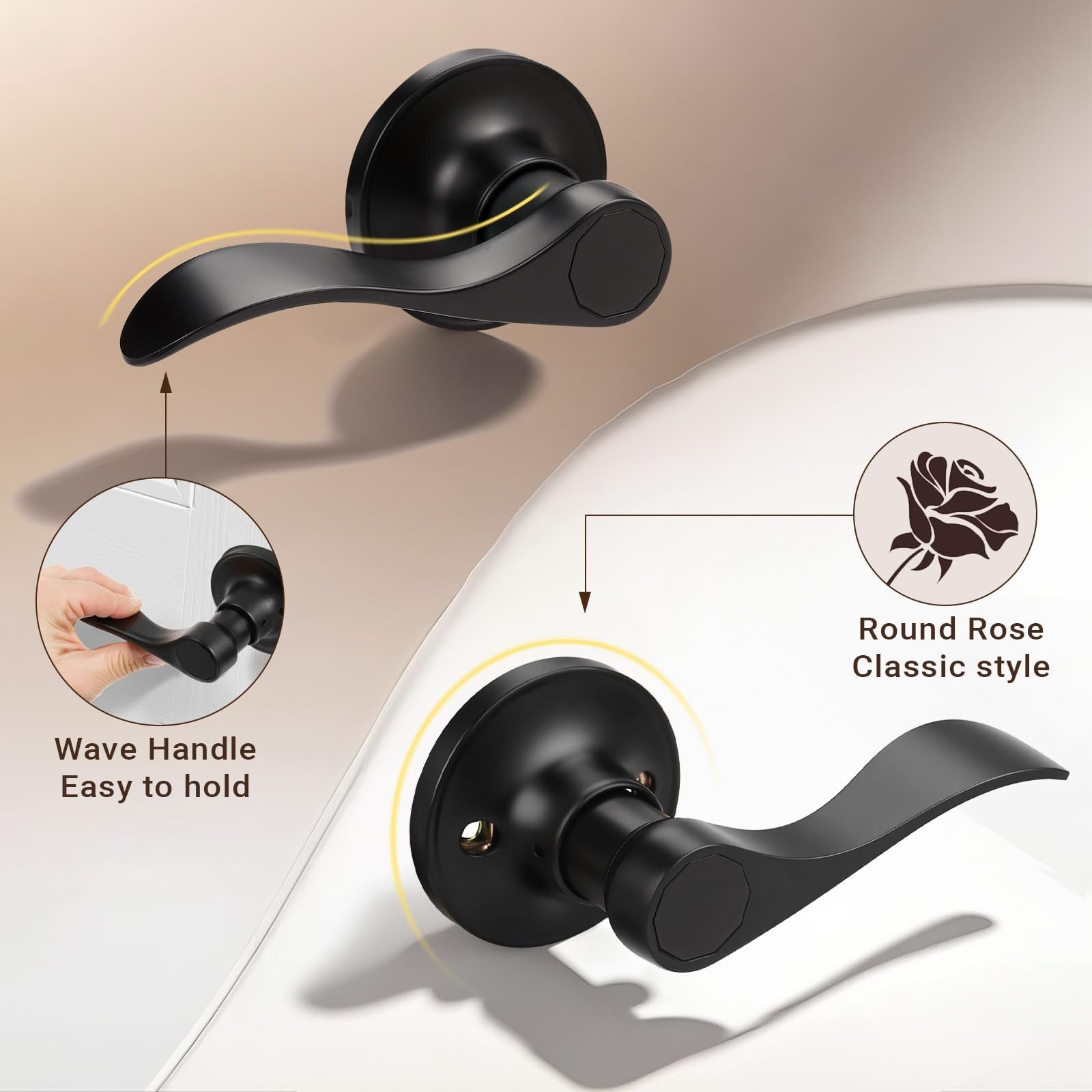 Set of three matte black passage door levers by Knobonly, interior door handles with sleek modern design.