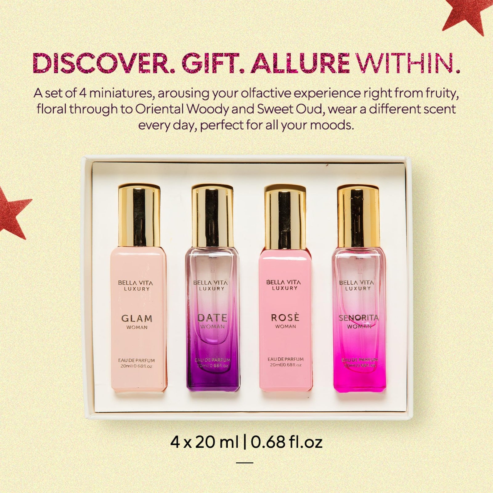 BellaVita Luxury women's perfume gift set with four 20ml bottles featuring floral, sweet, and spicy scents.