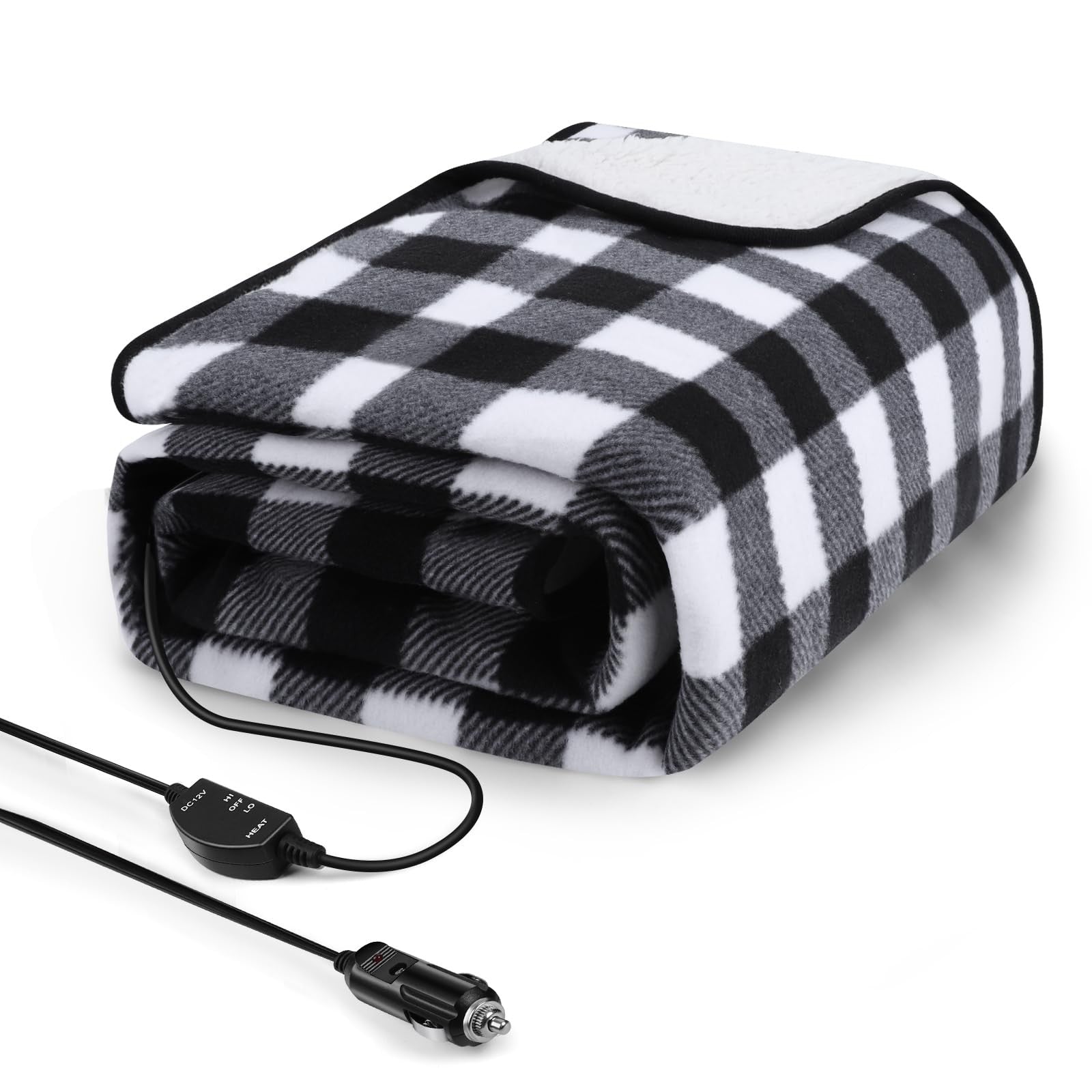 Sino Salected 12V heated car blanket spread out in a vehicle, showing its soft fabric and portable electric design.