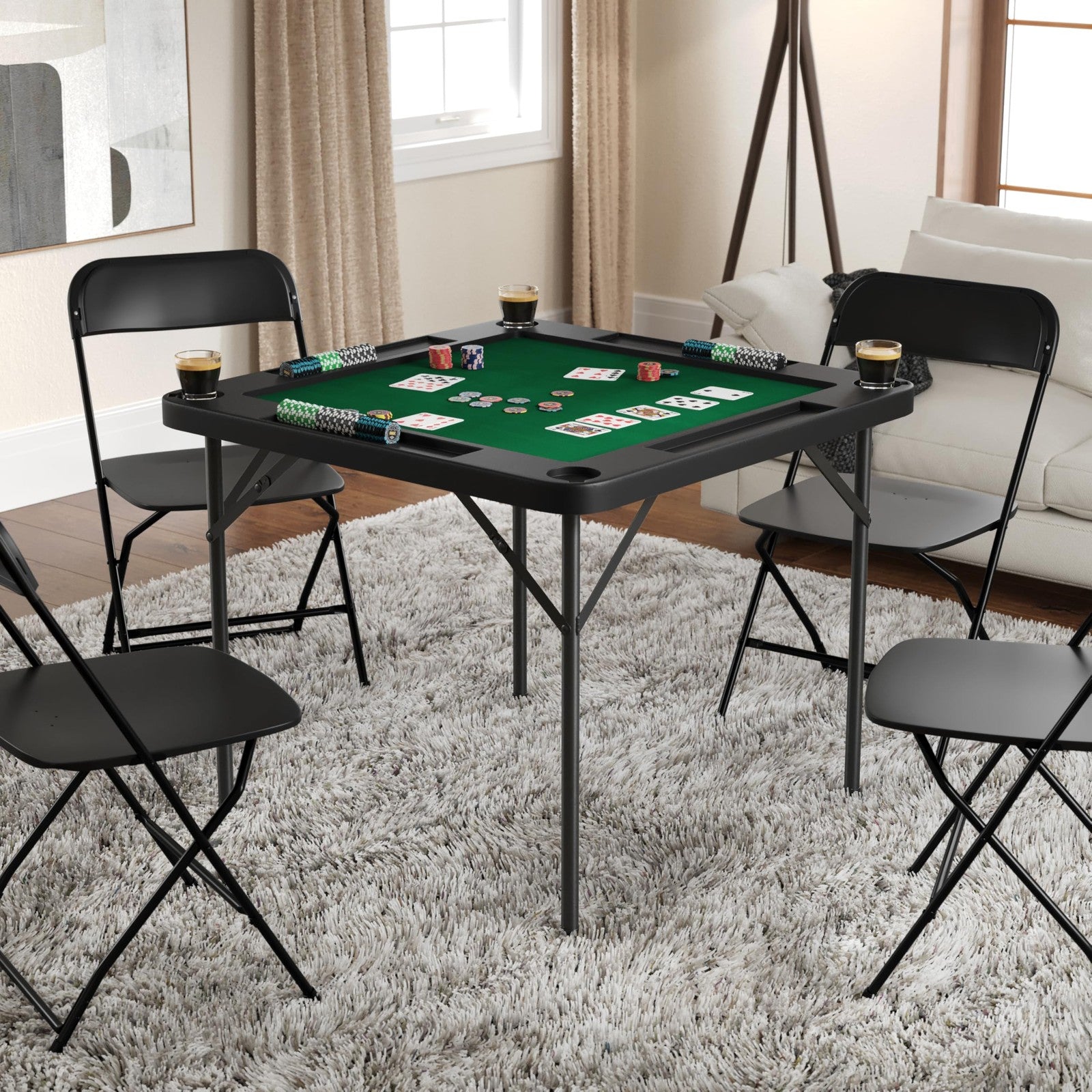 Flash Furniture Silas folding card table with green felt surface, 34.5-inch square tabletop and sturdy folding metal legs.