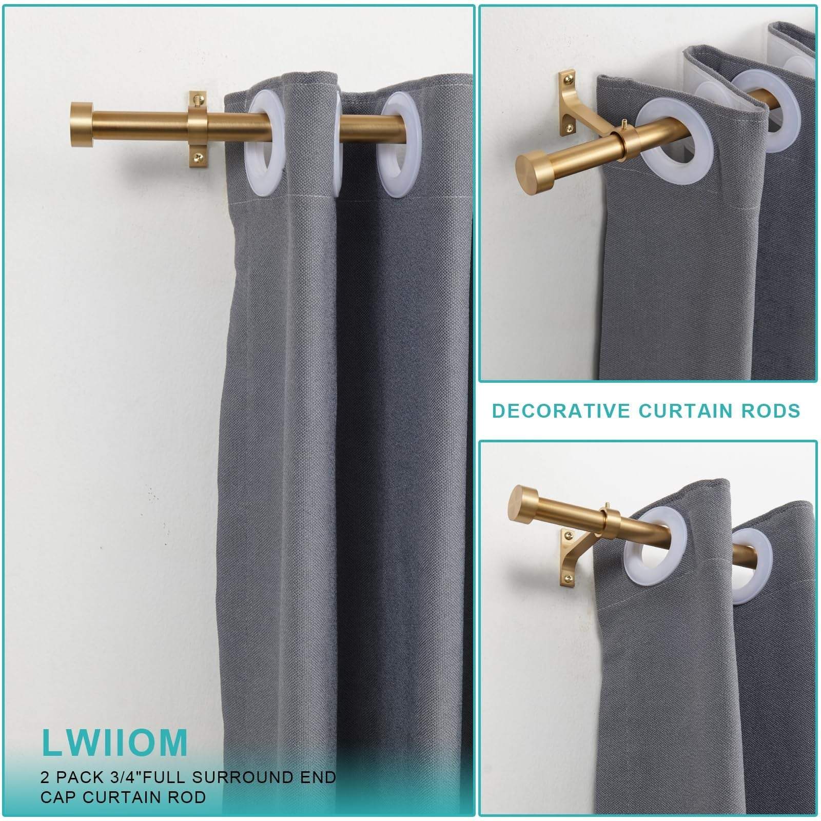 2-Pack adjustable warm gold aluminum curtain rods with finials and full surround brackets by Lwiiom