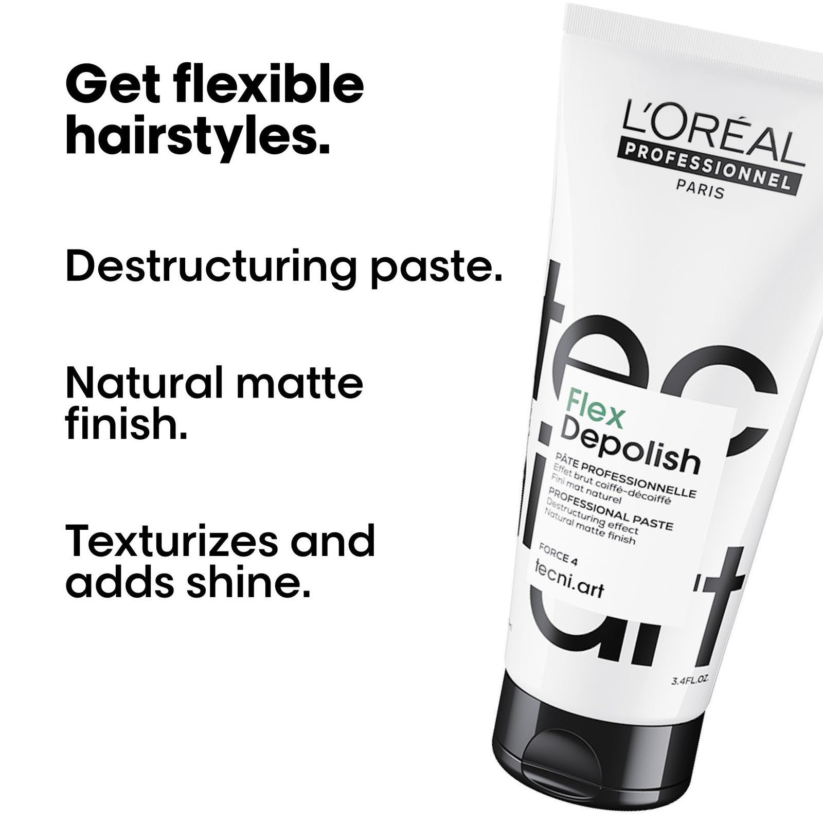 L'Oréal Professionnel Paris Tecni.ART Flex Depolish texturizing paste for styling, shown in a jar with product label visible.