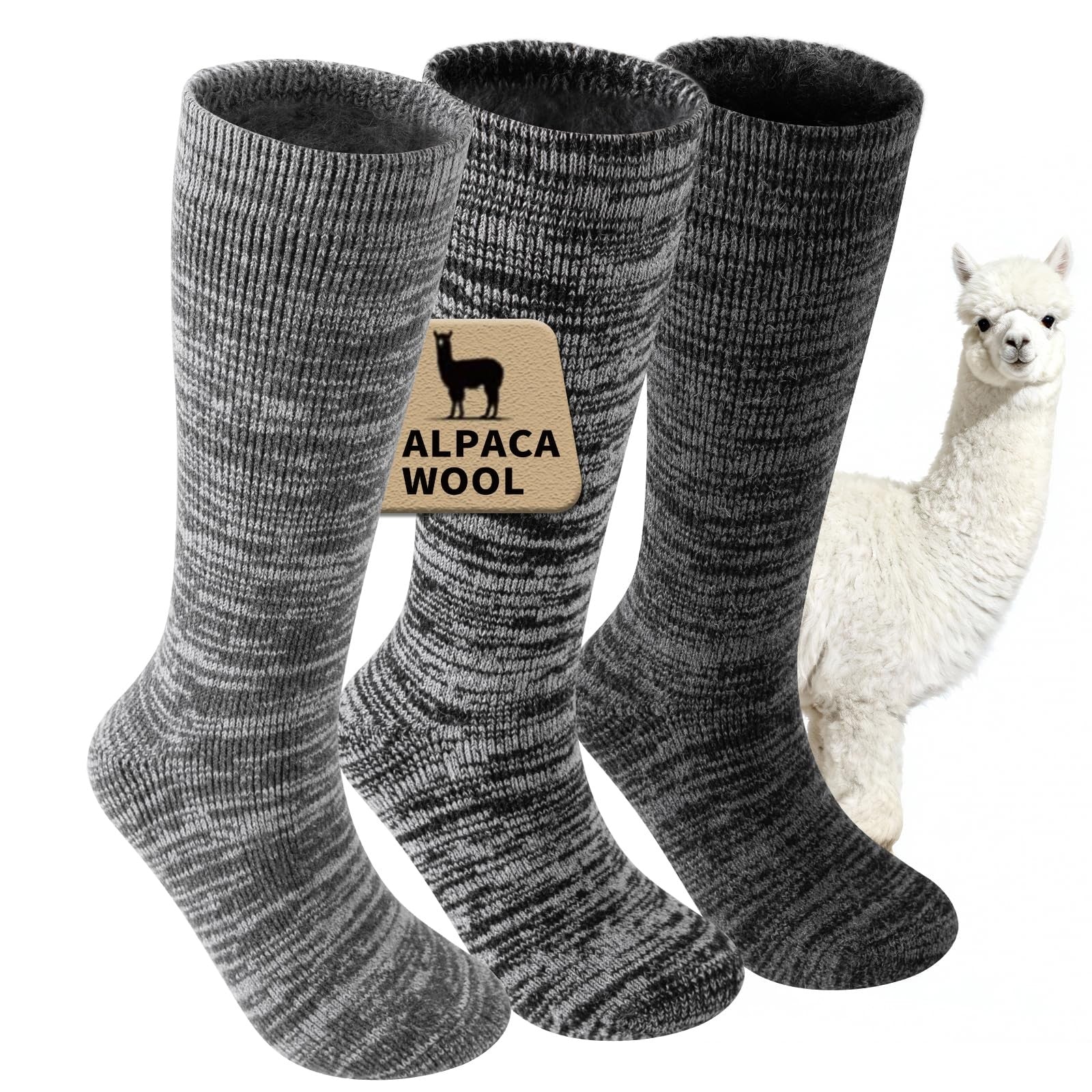 Pair of ORVYTHA alpaca wool thermal boot socks for men and women, thick and warm for cold weather outdoor wear.