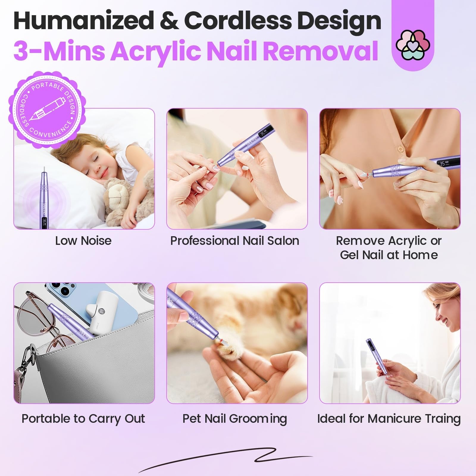SAVILAND cordless electric nail drill with 35,000 RPM, portable nail file for manicures and pedicures, compact and lightweight.