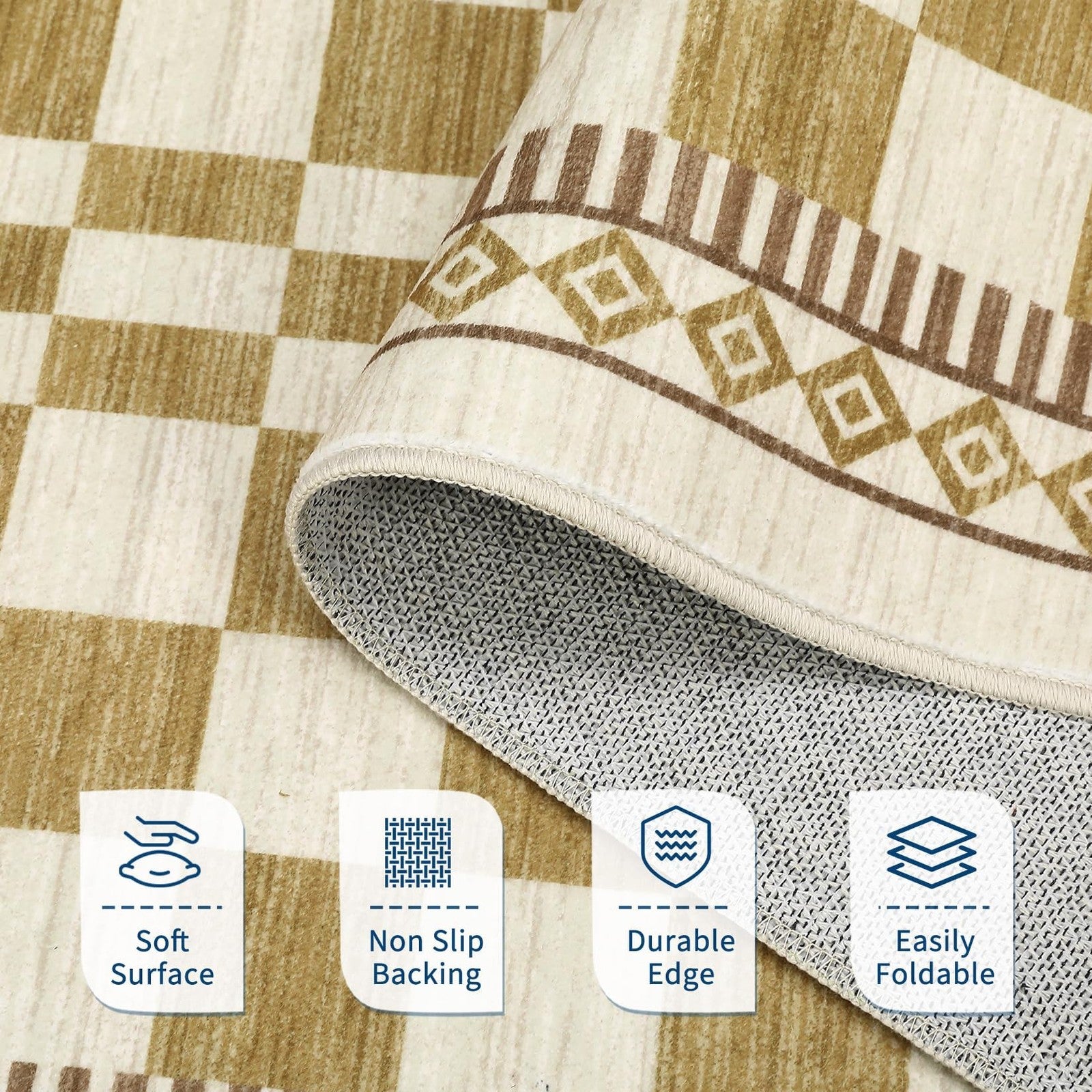 Garvee washable checkered 8x10 area rug with neutral tones, suitable for living rooms, large soft fabric decorative floor covering