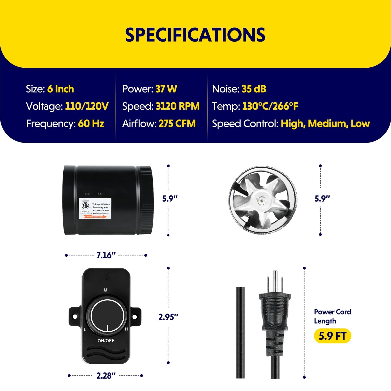 iPower 6-inch inline duct booster fan with speed control, shown in a ventilation system for 275 CFM exhaust airflow.