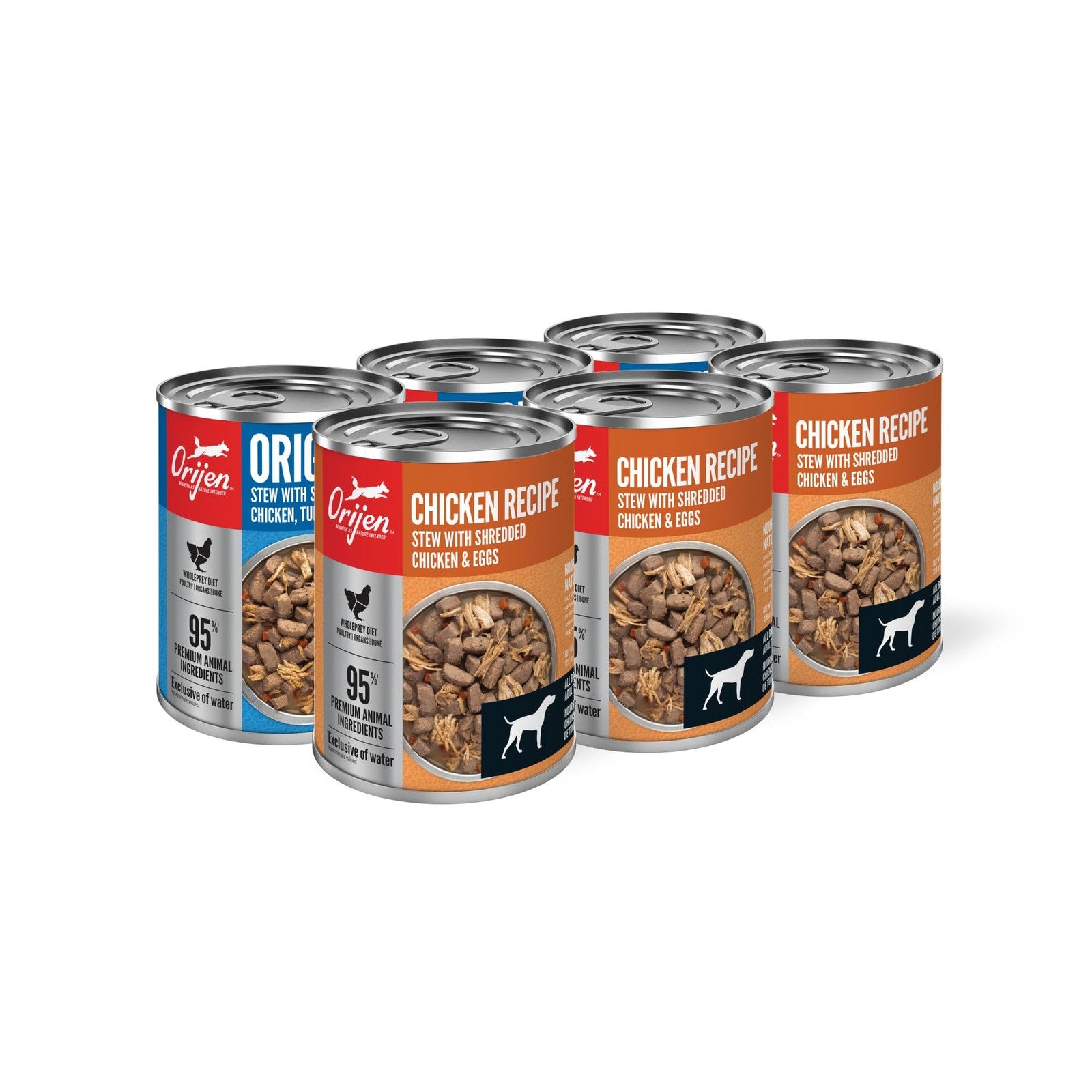 Assorted ORIJEN Premium Wet Dog Food cans featuring Original and Chicken recipes, 12.8 oz each, in a variety pack.