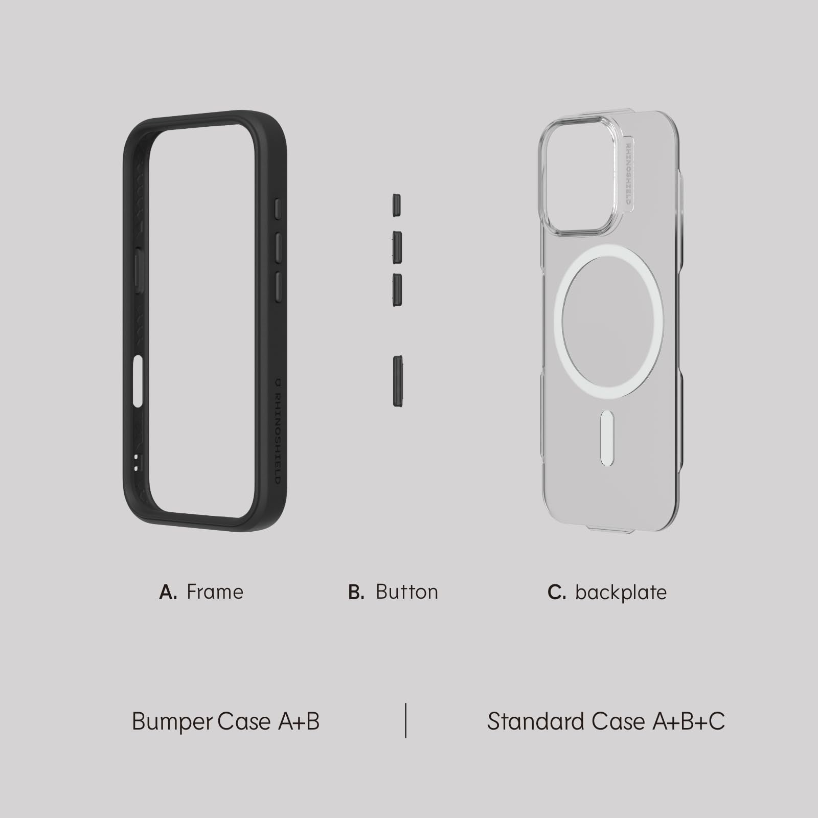 RhinoShield Modular Case for iPhone 16 Pro Max with MagSafe attachment, showing the case's textured back and modular design.