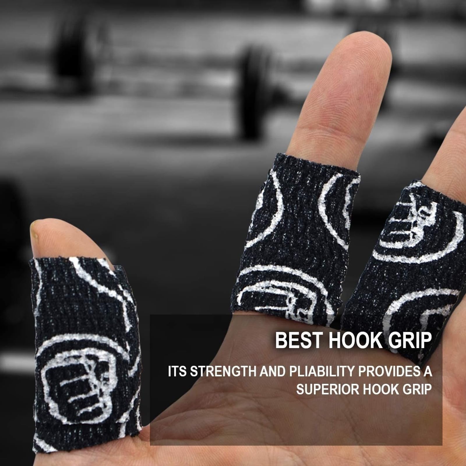 Flexible fabric thumb finger athletic tape with hook grip designed for weightlifting, helps improve grip and support during lifts.
