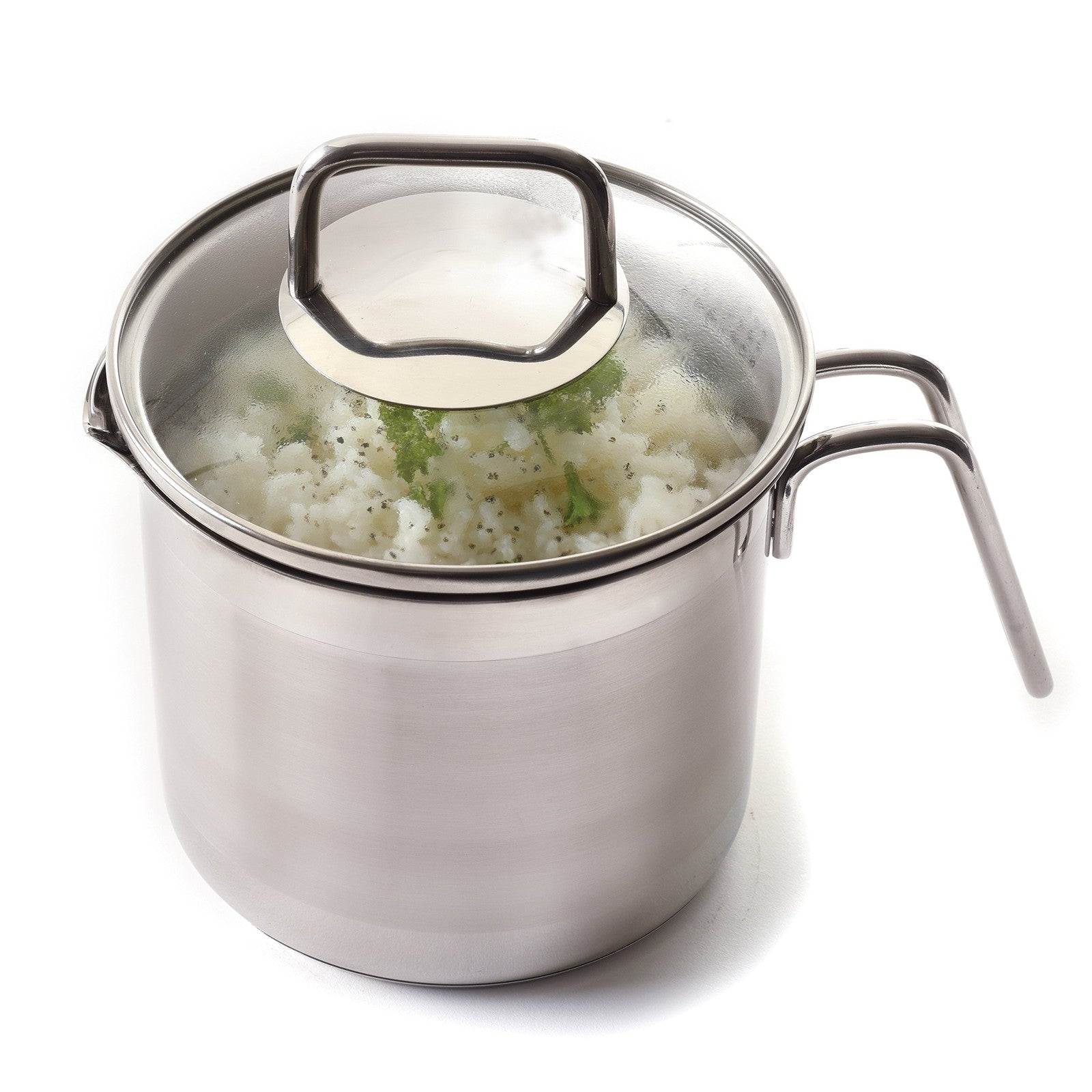 Norpro 8-cup stainless steel multi-pot with straining lid for versatile cooking and easy draining.