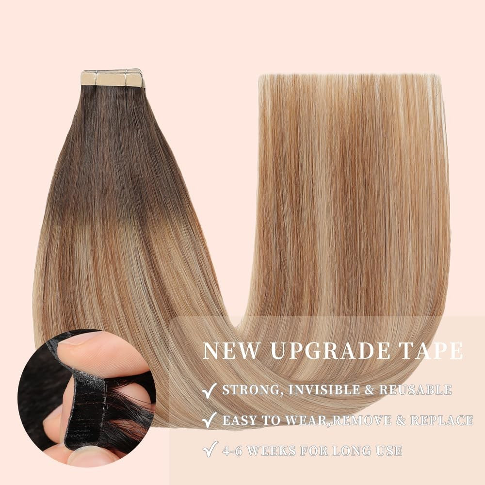 OBHD tape-in hair extensions in chestnut brown, light brown, and light blonde human hair, showing the mixed color shades and smooth texture.