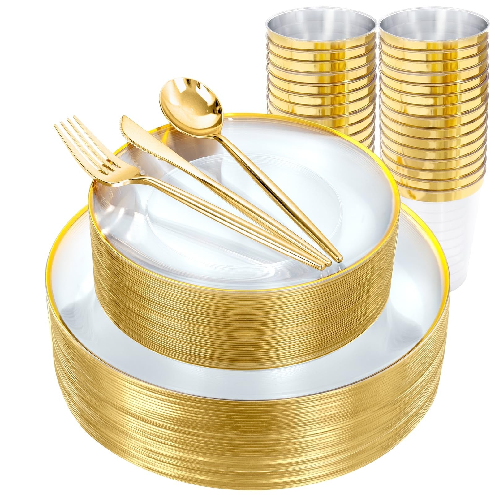 Set of 10 clear plastic plates with gold trim from ejonirinjonir, perfect for elegant events and celebrations.