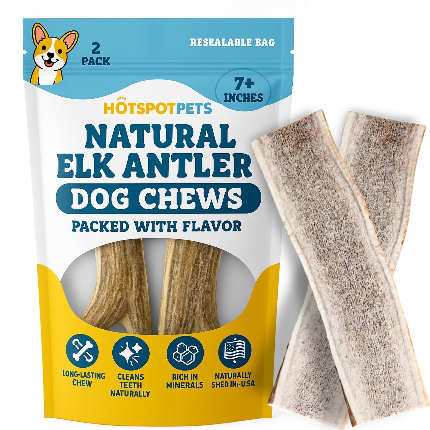 Hotspot Pets premium split elk antlers for dogs, 7-inch large dog chews, shown as a 2-pack with natural texture and split surface.