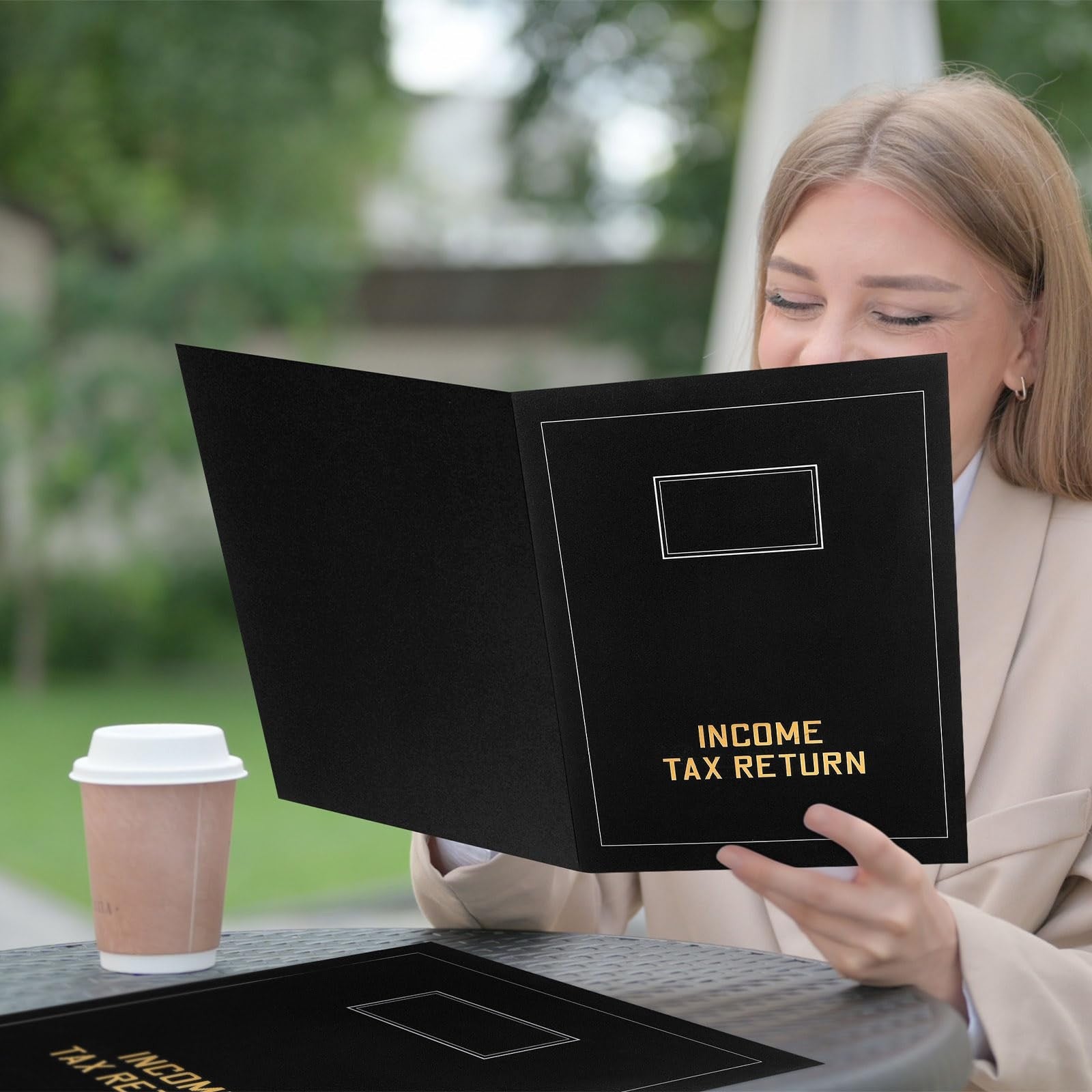 Kisston 25-pack of gold foil stamped tax return folders with two pockets for organizing income tax documents.