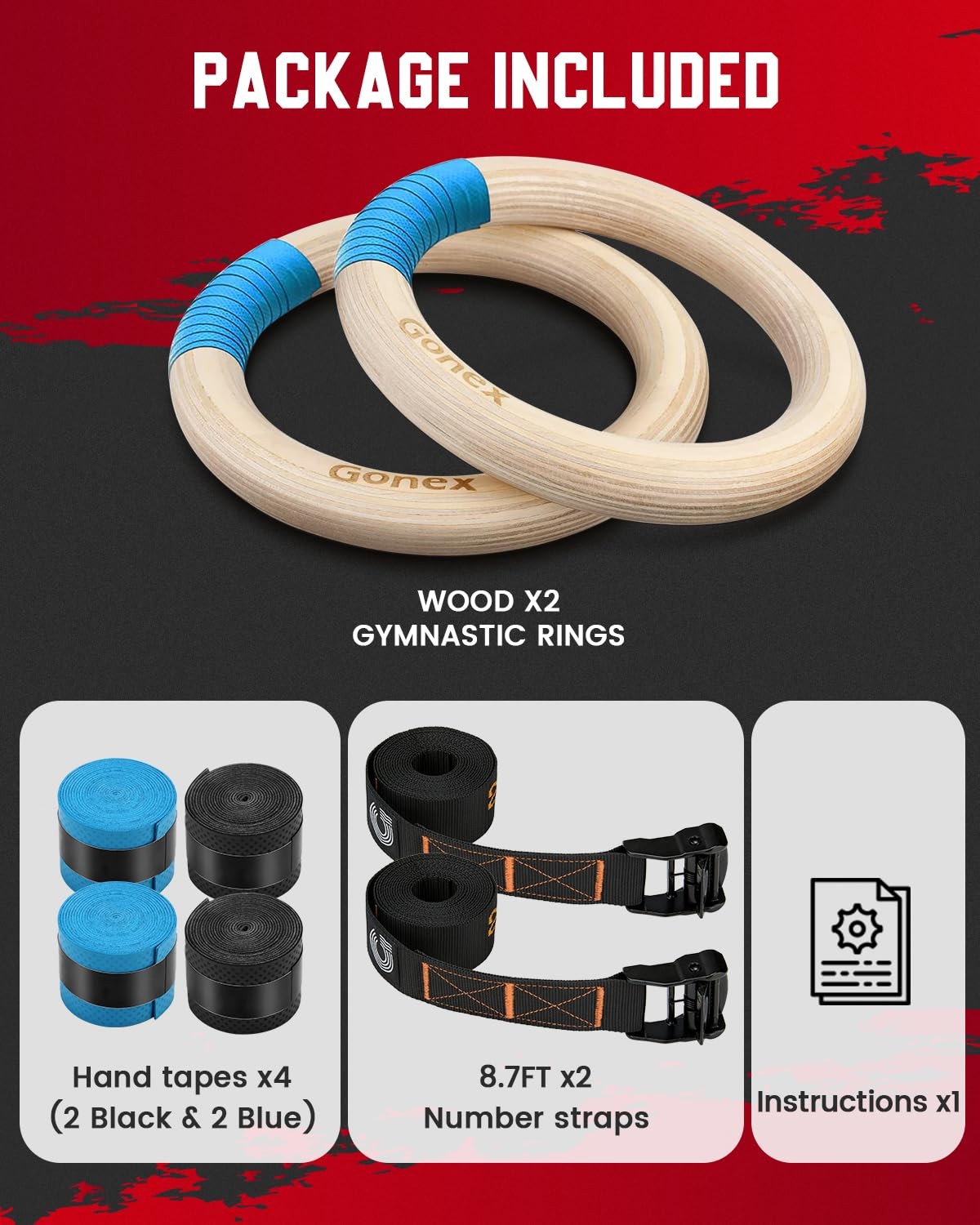 Gonex gymnastics rings with adjustable cam buckle straps for workout and pull-up exercises, shown hanging ready for use.