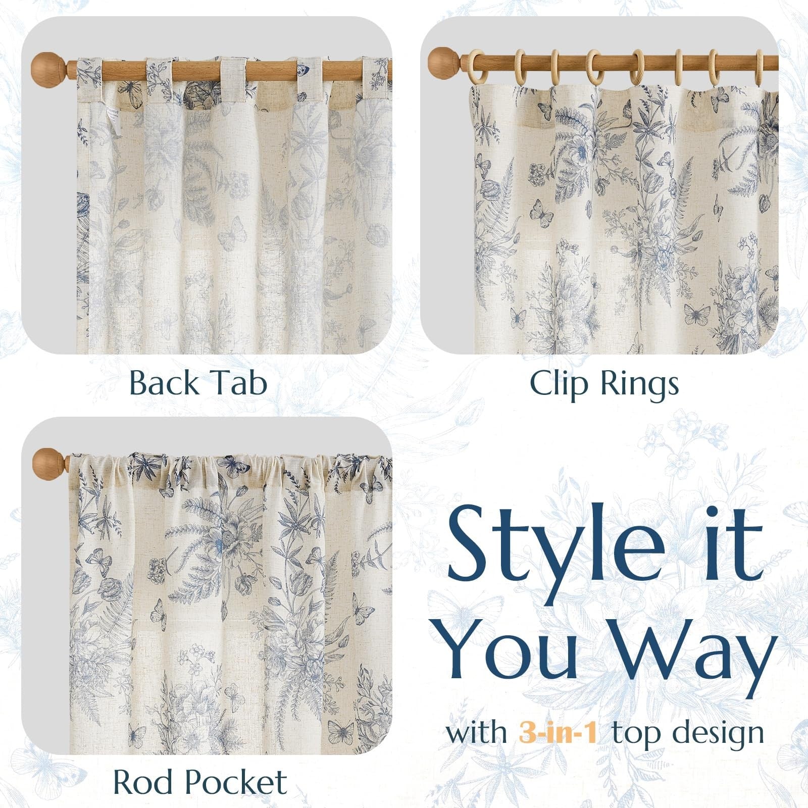 Jinchan linen floral curtains in blue for living room, 96-inch length, farmhouse style with elegant floral pattern.