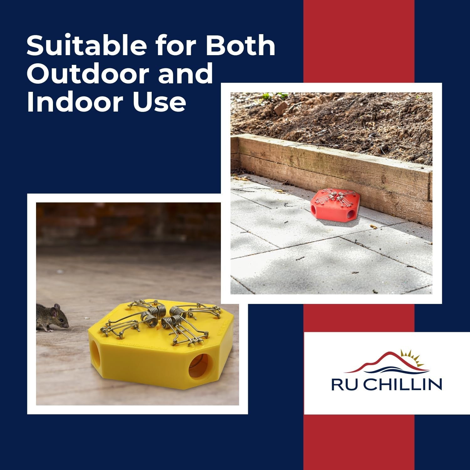 RU CHILLIN reusable mouse trap for indoor and outdoor use, designed to catch multiple mice, with a sturdy, easy-to-clean design.