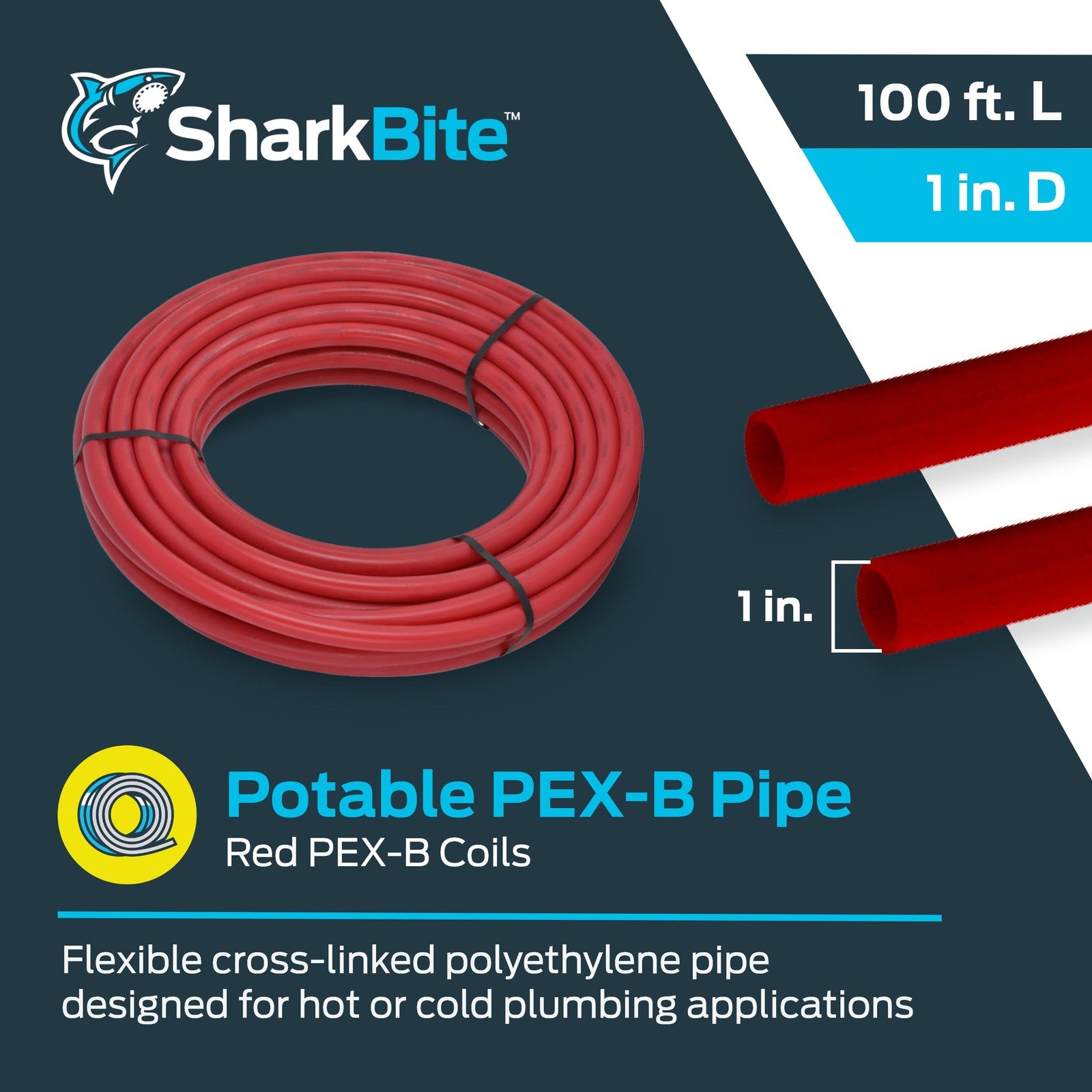 SharkBite 1-inch x 100-foot red PEX-B flexible water tubing pipe for plumbing installation and water supply systems.