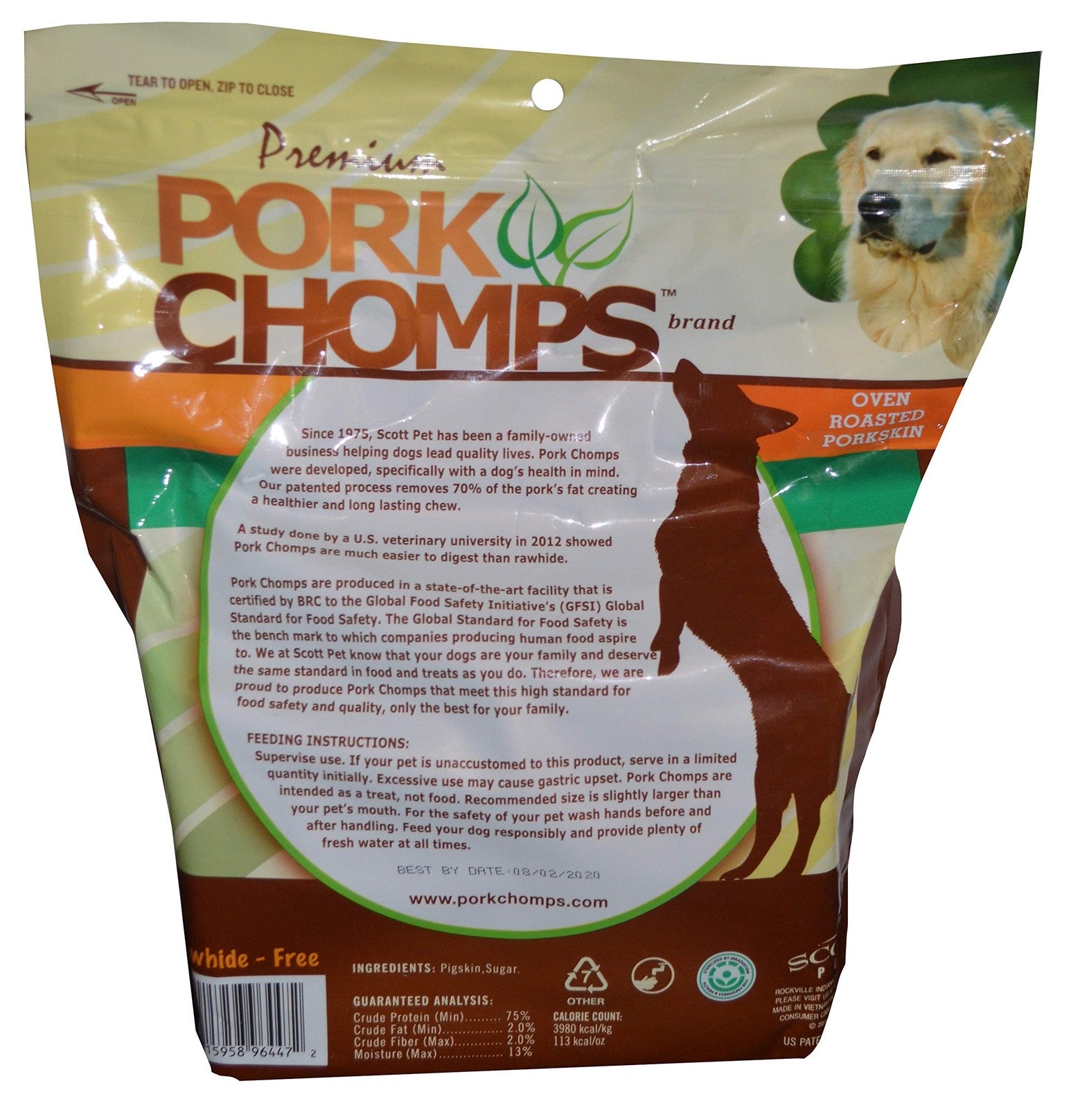 Scott Pet Pork Chomps roasted pork skin dog chews in ear and rib shapes, 20-piece bundle, natural dog treats for chewing.