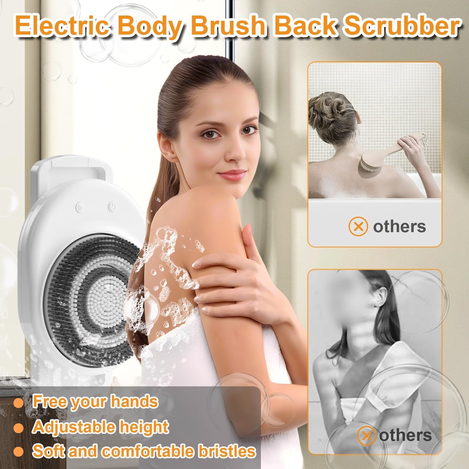 Lvrunben electric wall-mounted body brush with soft bristles, rechargeable for gentle, effective skin exfoliation and cleansing.