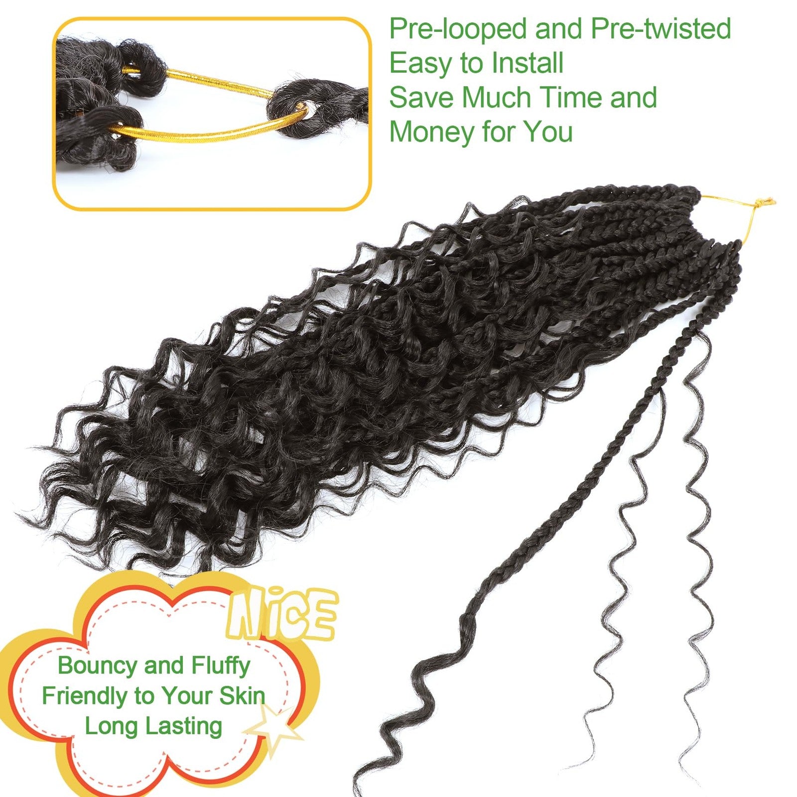 Fulcrum Goddess Box Braids Crochet Hair in 10 inches, 9 packs of boho-style box braid crochet hair styled with natural texture.