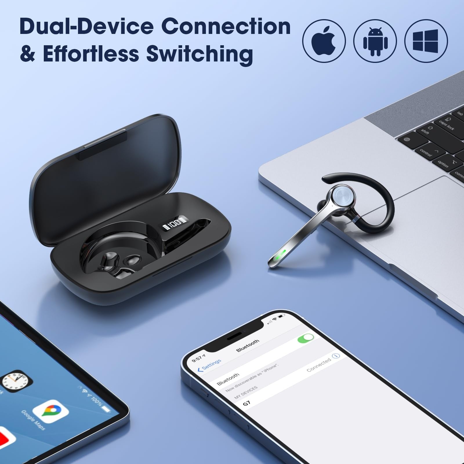 Ngod wireless Bluetooth headset with noise-canceling microphone, compact earpiece, and 72-hour talk time.