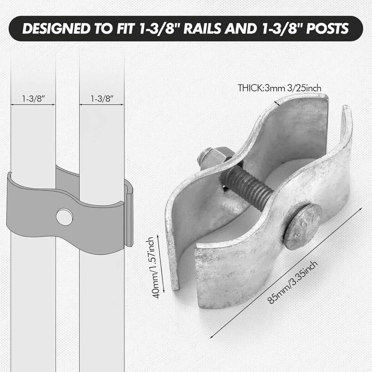 Set of 18 galvanized chain link fence panel clamps with 1-3/8 inch dog kennel connectors for securing chain link fencing.