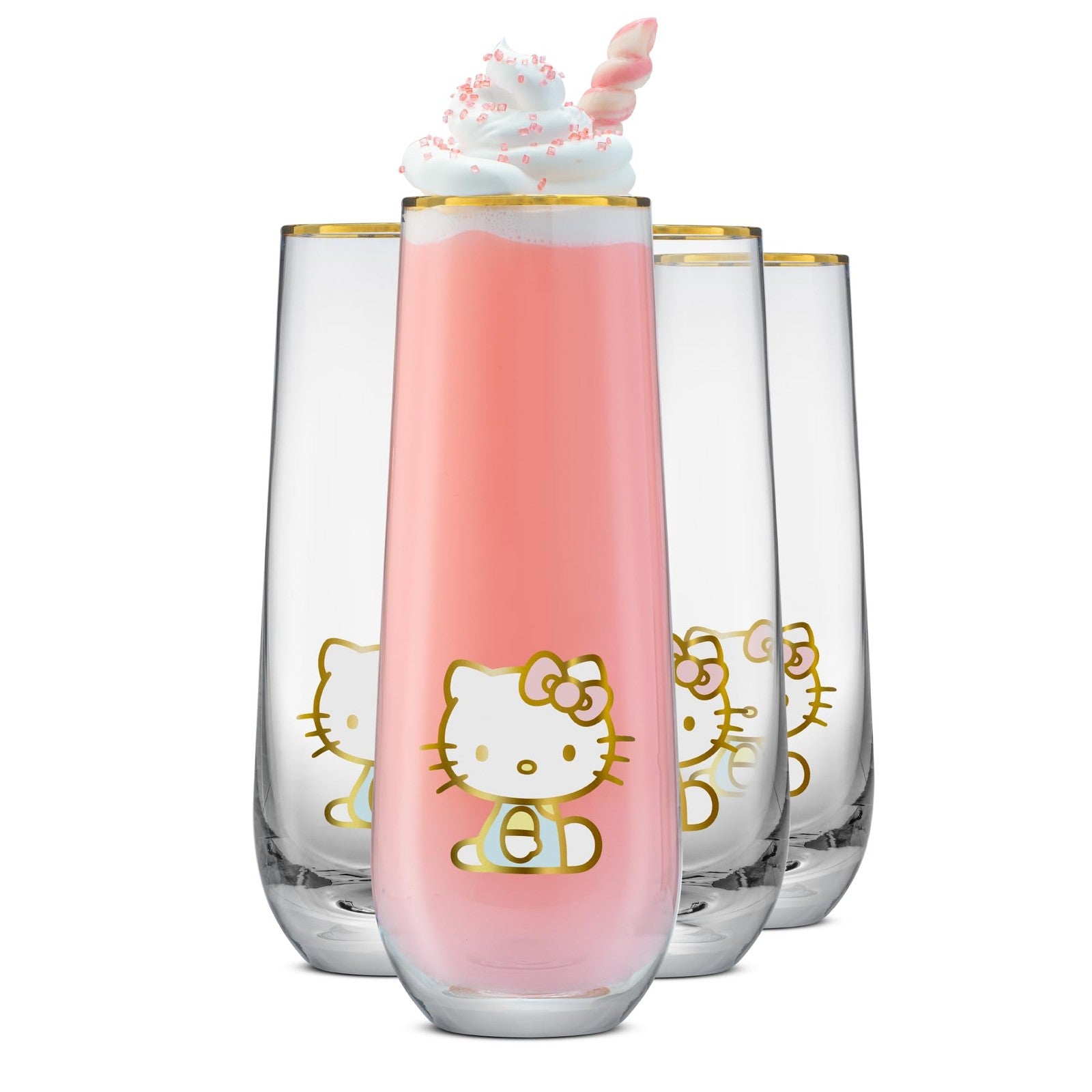 JoyJolt Hello Kitty Stay Gold stemless champagne flutes, 9.4oz set of 4, clear glasses with gold accents and Hello Kitty design.