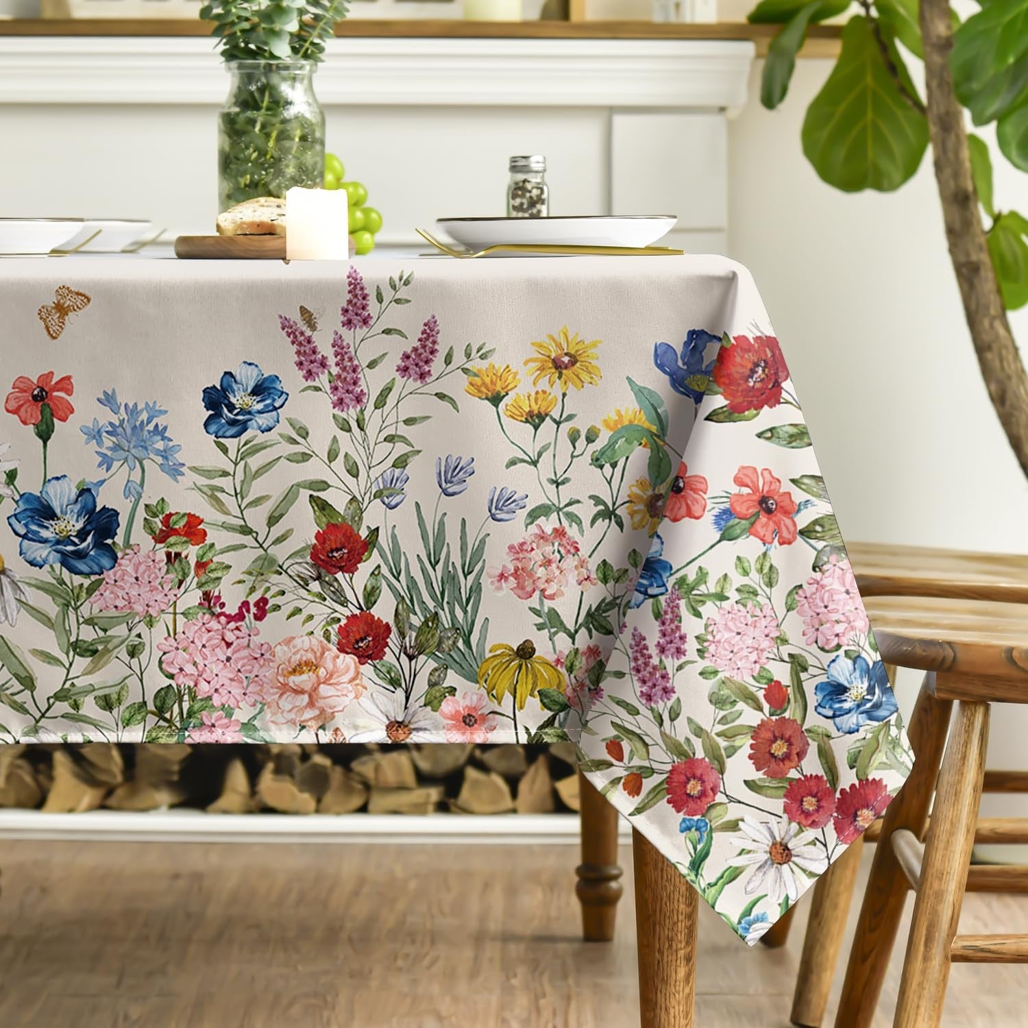 Horaldaily spring rectangular tablecloth, 60x140 inches, vintage beige floral design, fabric with a soft wash finish.