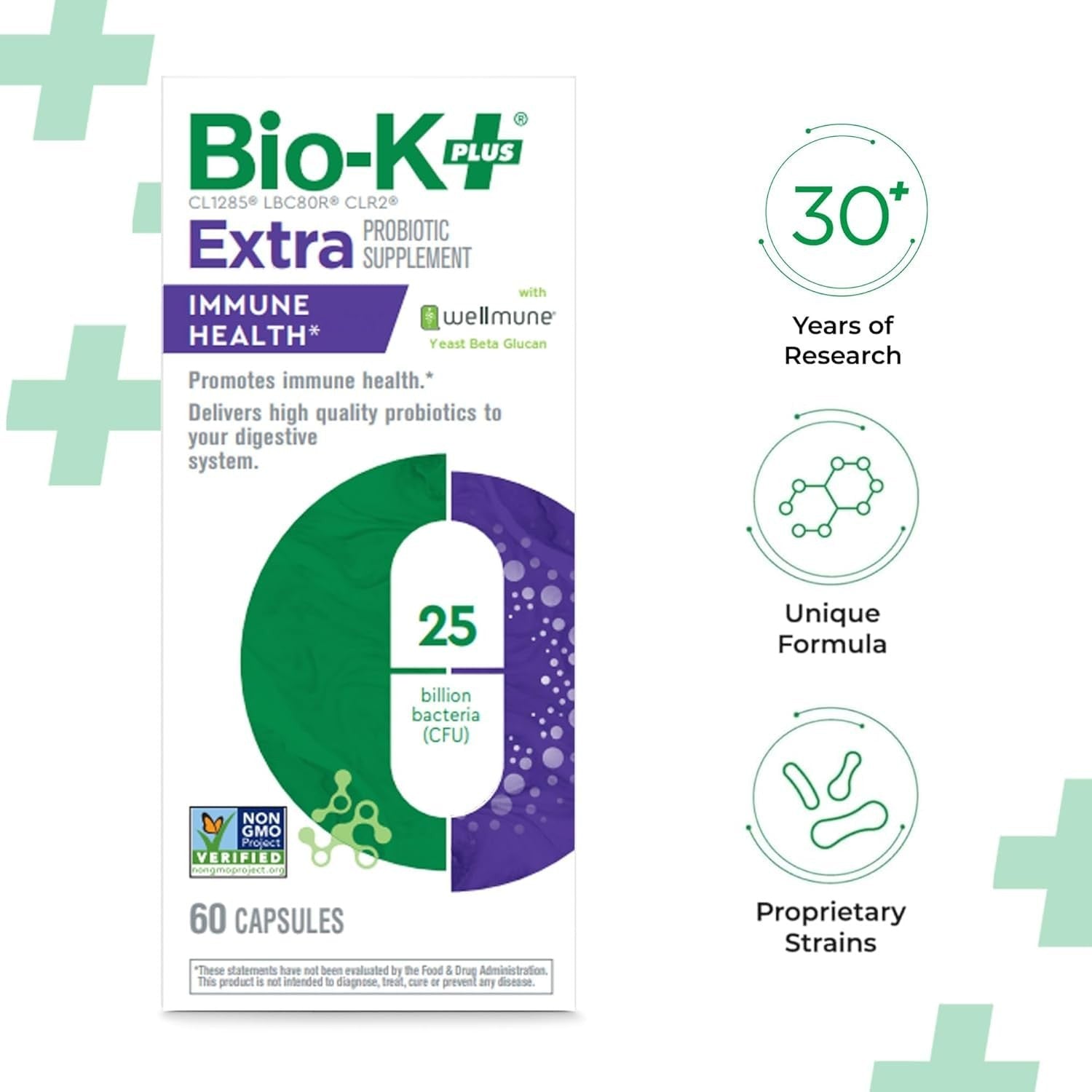 Bio K+ Vegan probiotics supplement bottle with label showing 25 billion CFUs and Wellmune for immune health.
