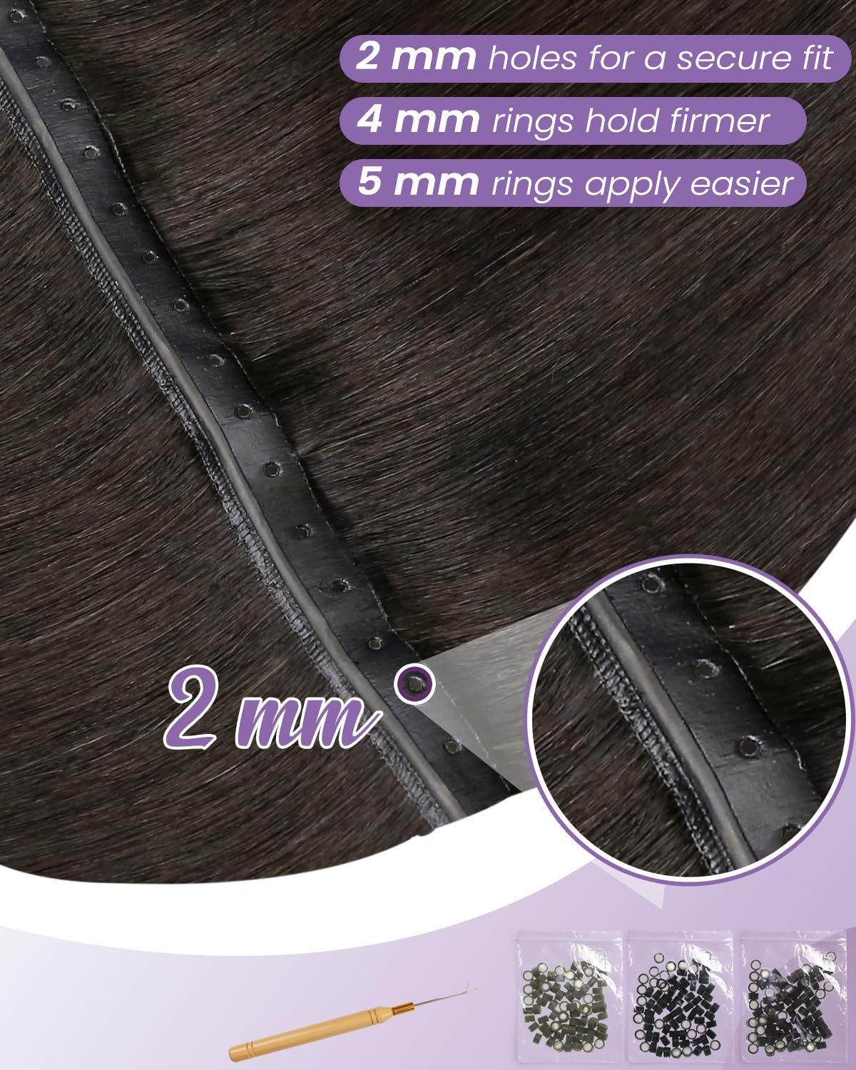 Dark brown Laavoo weft butterfly hair extensions, 22 inch, 80g, with invisible PU holes for easy attachment