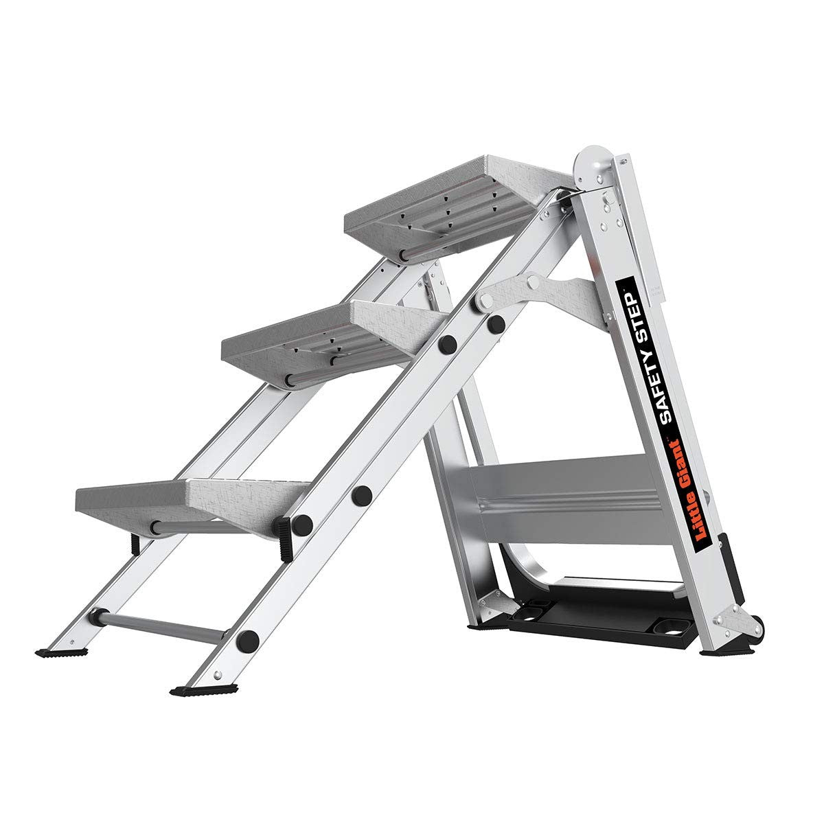 Little Giant Safety Step 3-step aluminum step stool, 3 feet tall, rated for 300 lbs, with sturdy handrails and a slip-resistant surface.