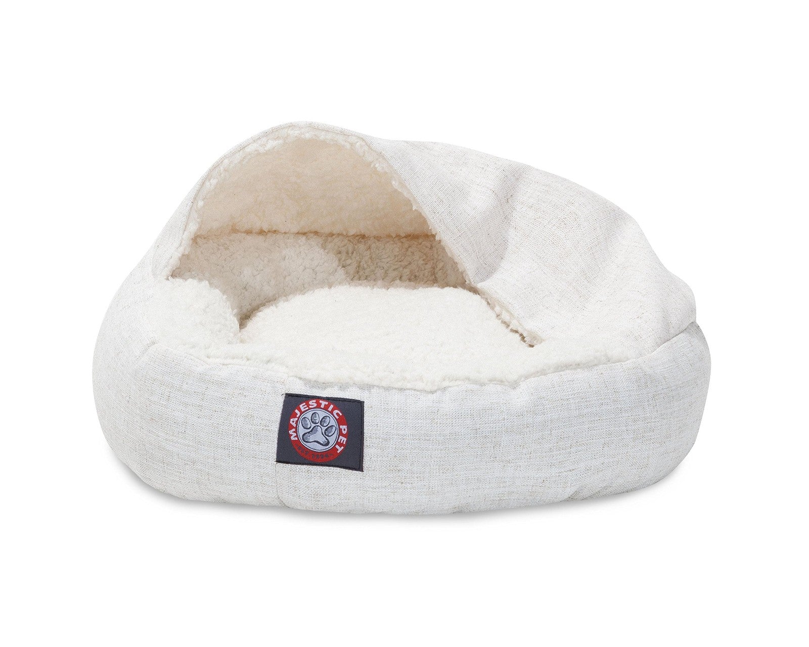 Majestic Pet 18-inch Magnolia Wales canopy cat bed with faux suede exterior and plush Sherpa interior, cozy for cats.