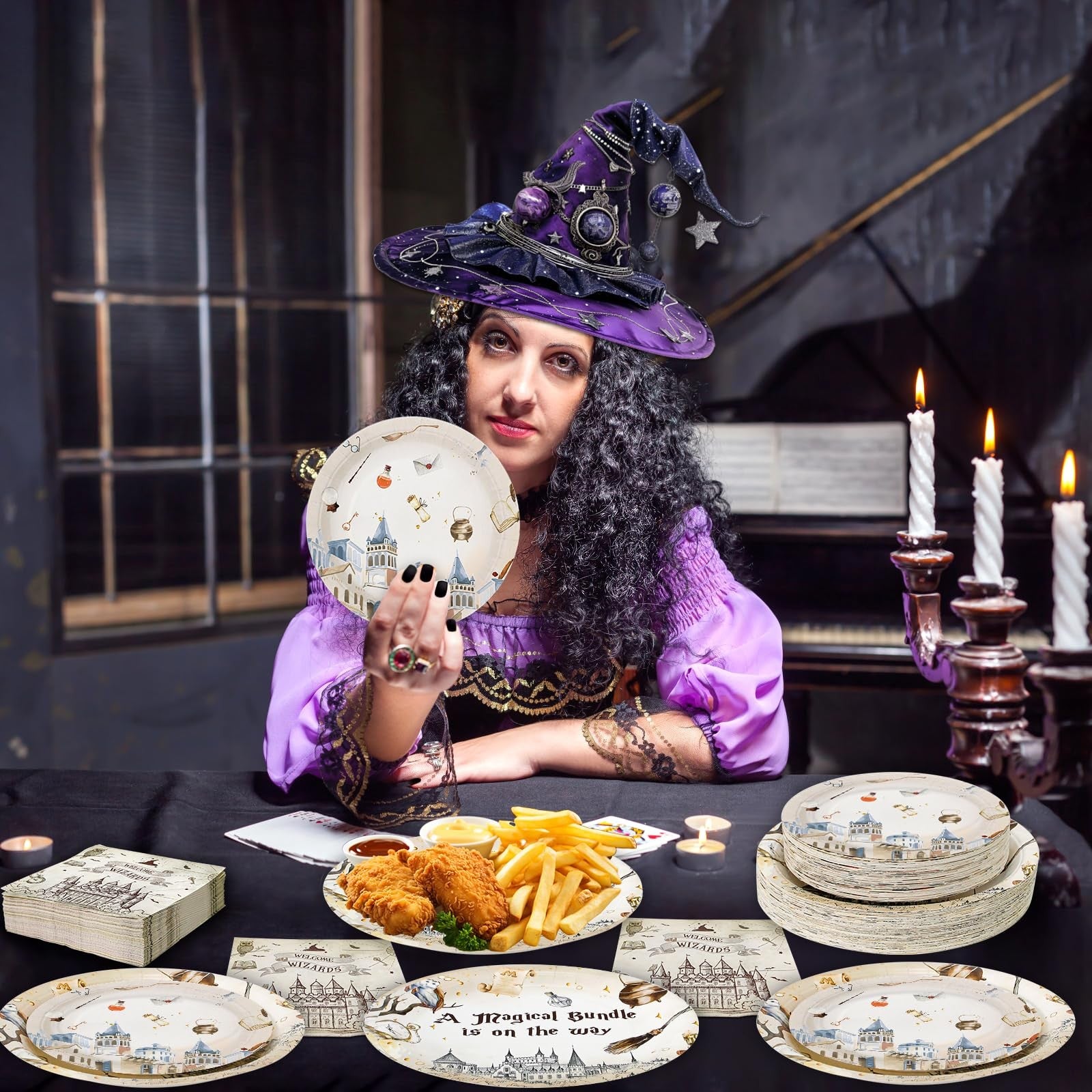 Dhnvcud 180PCS magical wizard-themed paper plates for parties, featuring vibrant wizard designs and colorful patterns.