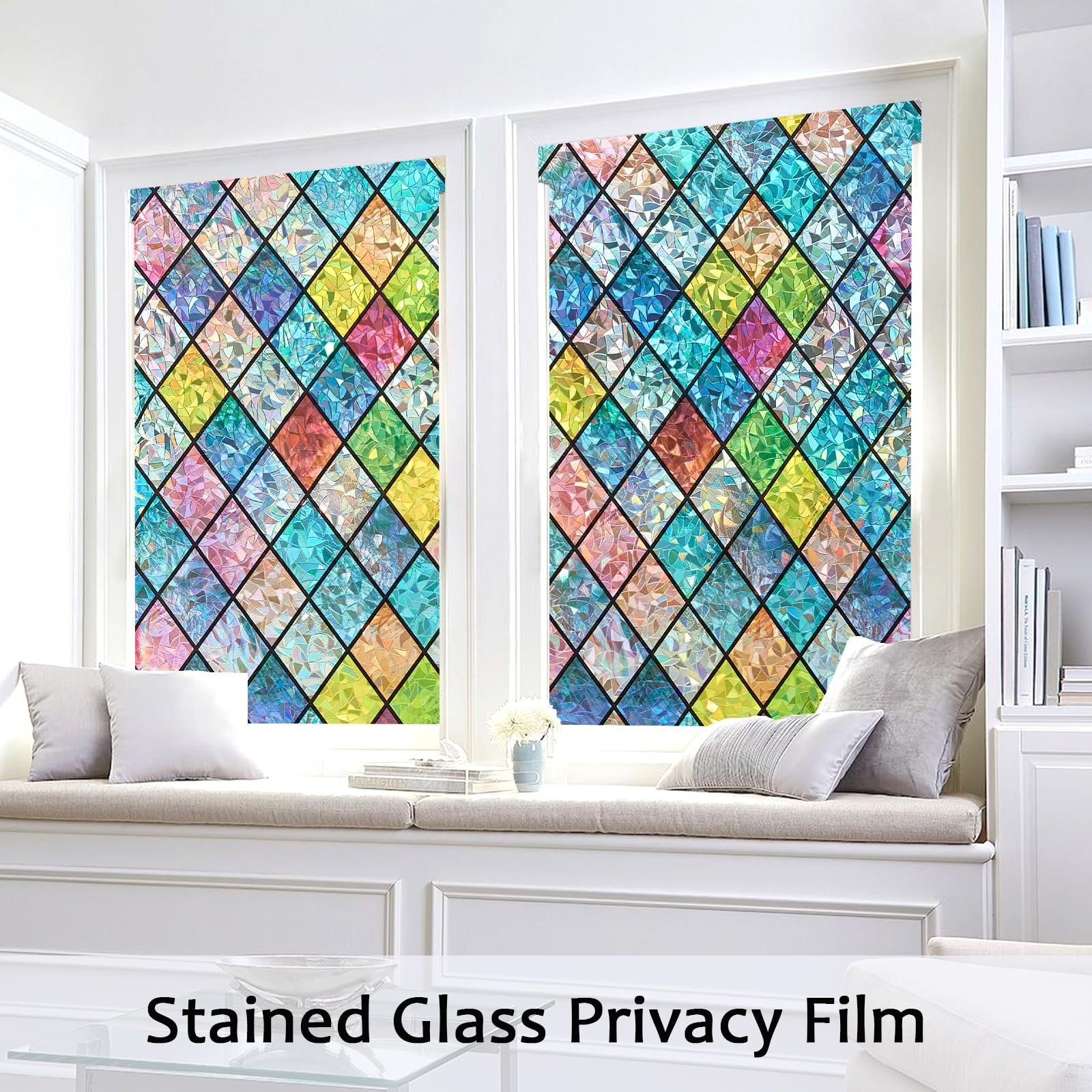 Bectosy stained glass window privacy film with decorative stained glass pattern on clear static cling for home or office privacy.