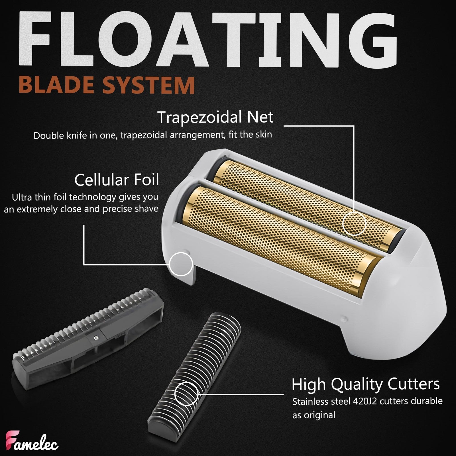 FAMELEC replacement shaver heads for Andis Pro-Foil and Lithium shavers, featuring super soft gold foils and durable design.