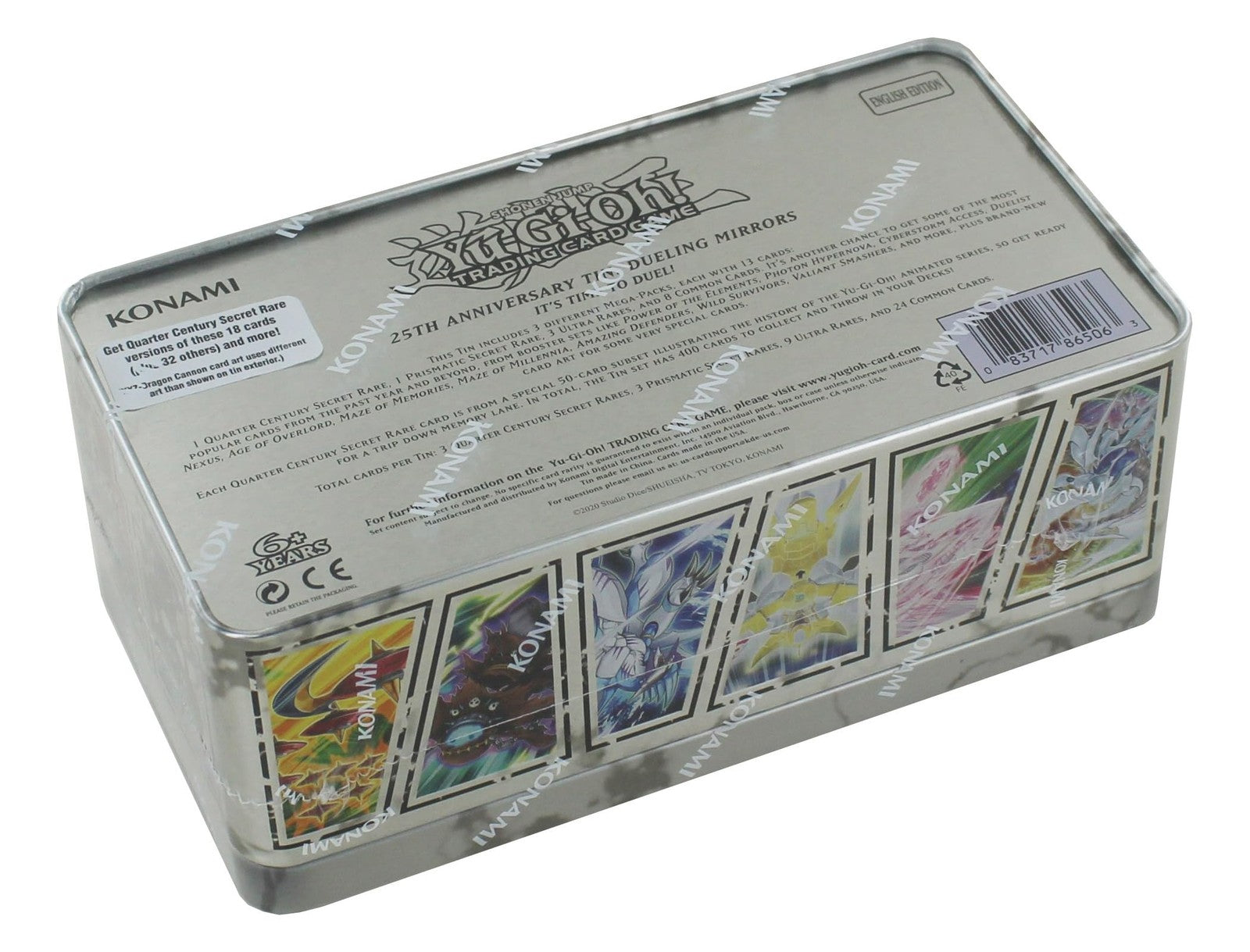 Yu-Gi-Oh! TCG 25th Anniversary Dueling Mirrors Tin featuring colorful game-themed graphics and collectible card imagery.