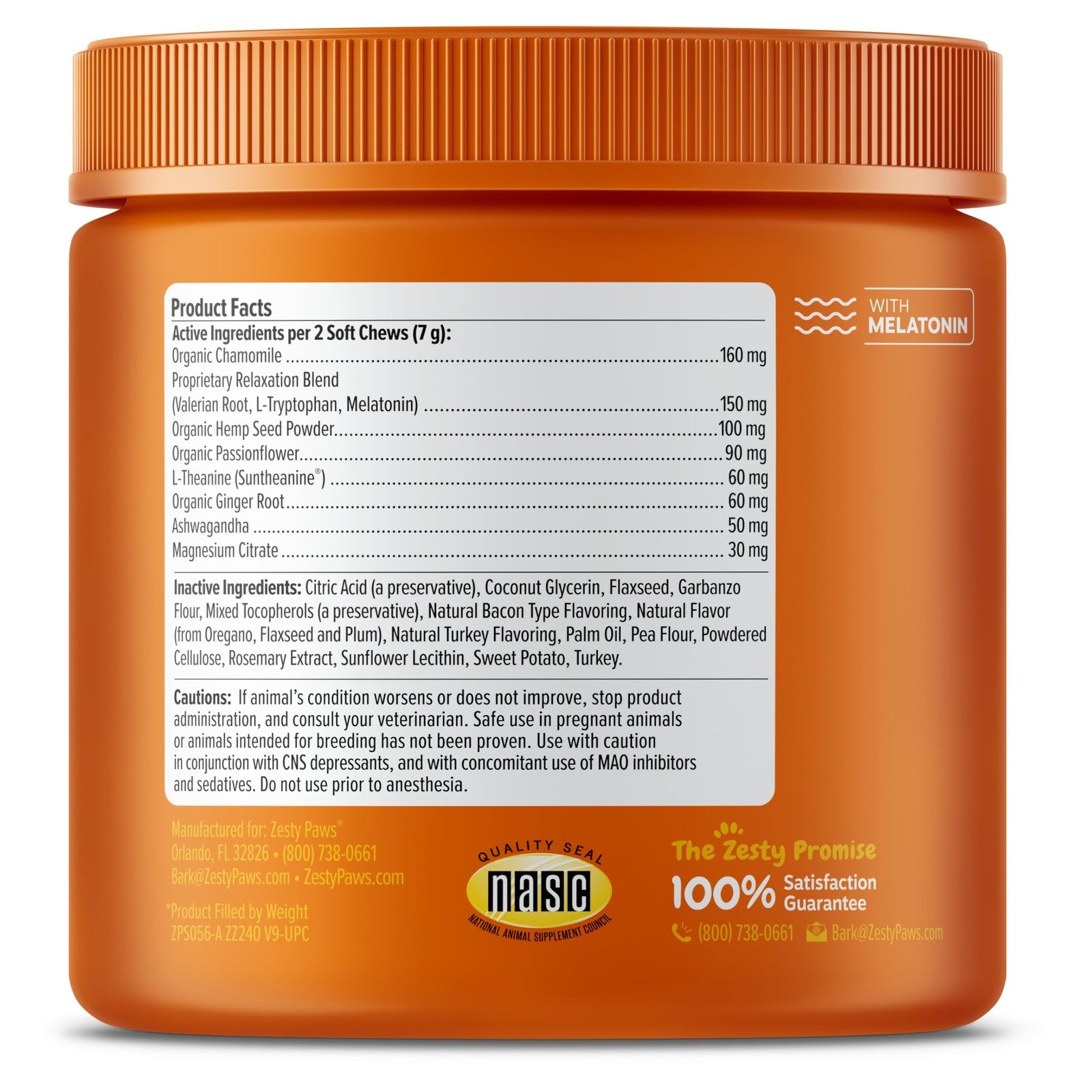 Zesty Paws Advanced Calming Soft Chews for Dogs, showing a close-up of the soft chews in a bowl with packaging in the background.